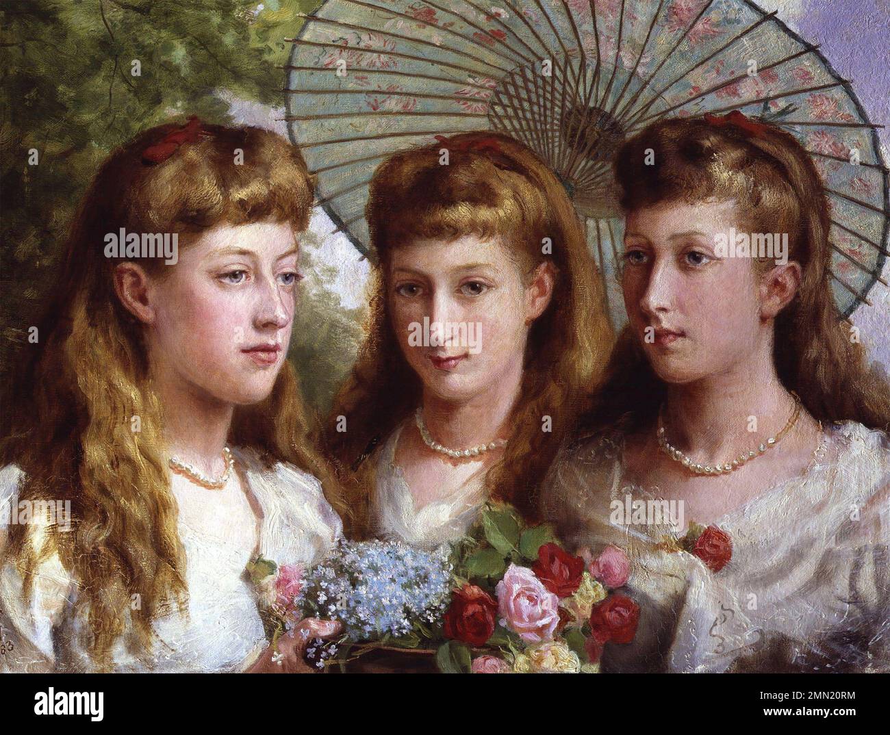 EDWARD VII's daughters by Sydney Prior Hall in 1883. From left: Princess Louise  Dagmar, Maud, Queen of Norway, Princess Alexandra of Wales. Stock Photo