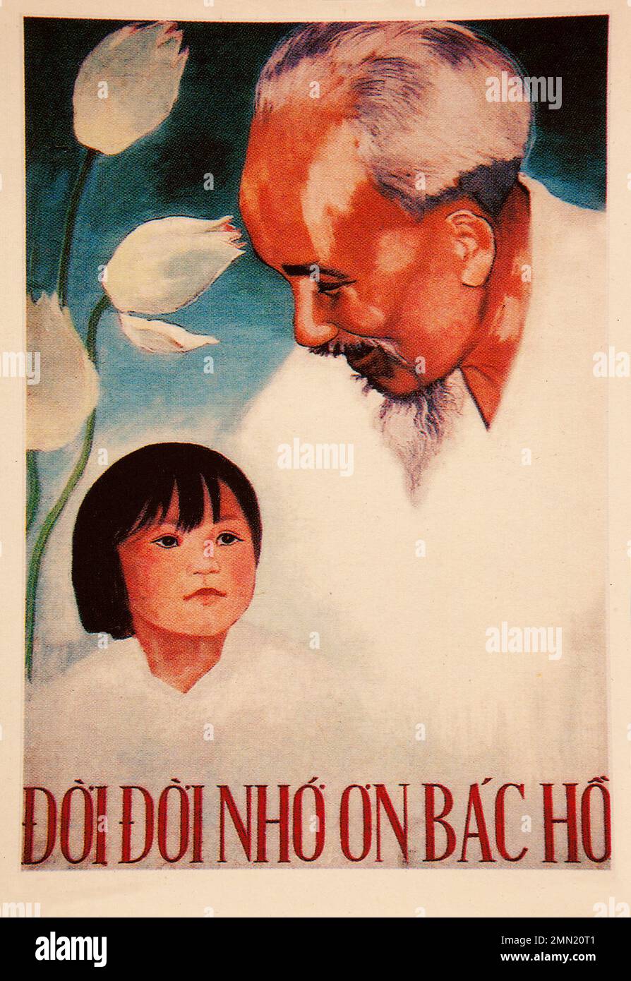 Vietnamese propaganda poster from 1969 says: 'Grateful to uncle Ho forever'. Stock Photo