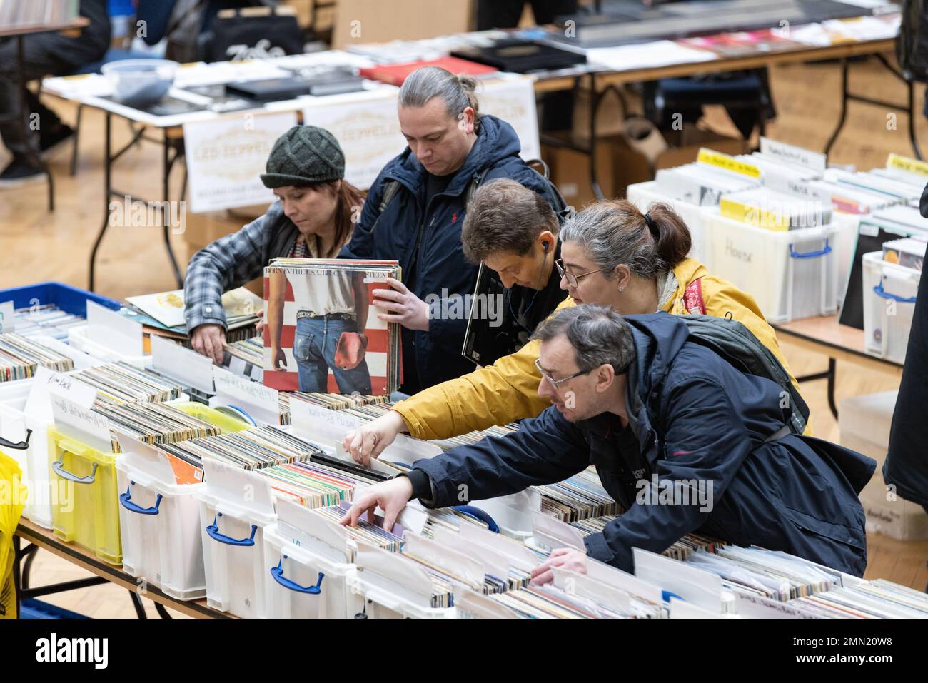 Vinyl record collectors attend London's biggest record fair, at RHS Lindley Hall and Lawrence