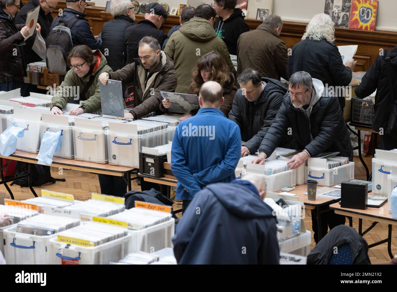 Vinyl record collectors attend London's biggest record fair, at RHS Lindley Hall and Lawrence