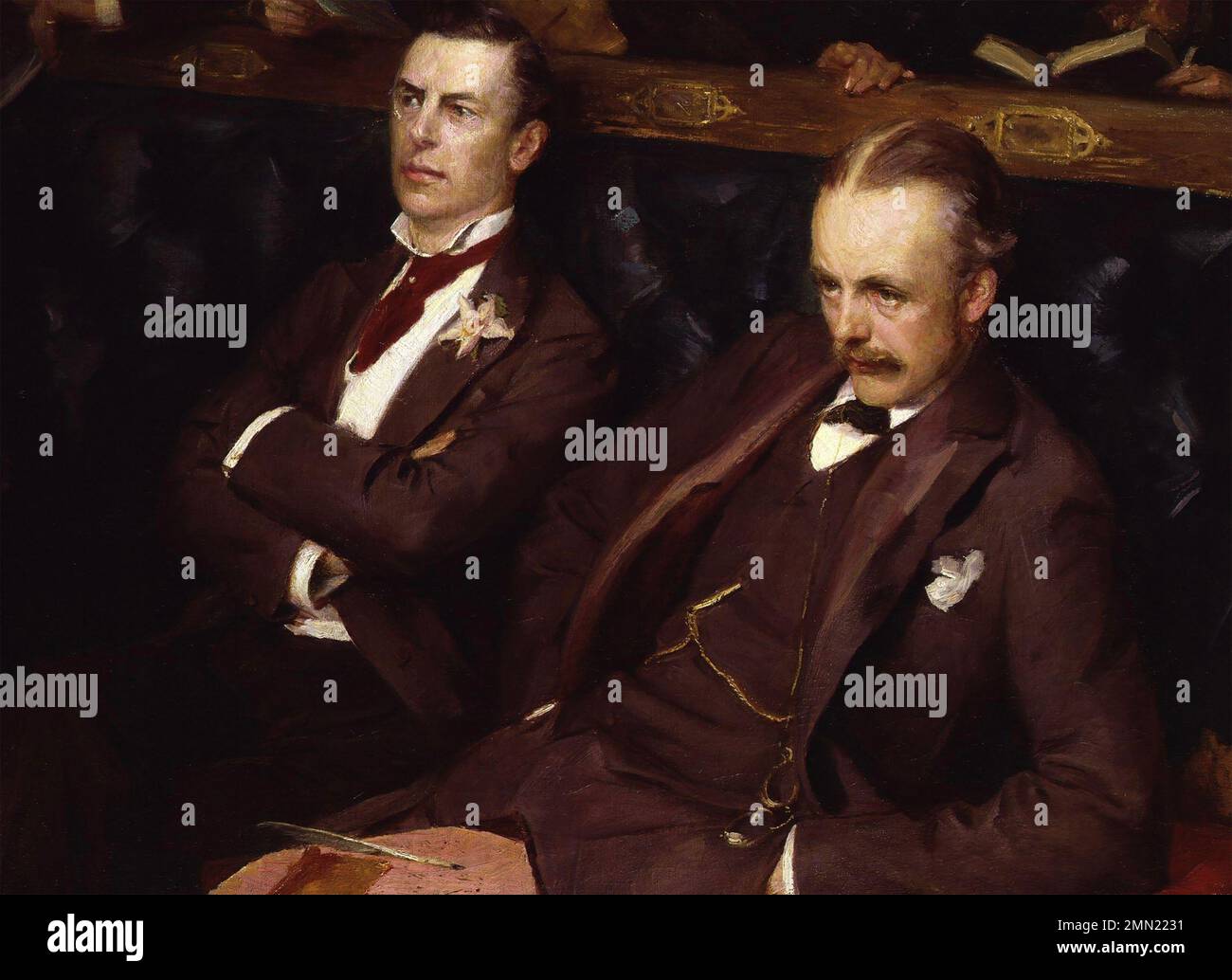 JOSEPH CHAMBERLAIN at left on the front bench of the House of Commons with Arthur Balfour. Painting by Sydney Prior-Hall about 1895 Stock Photo