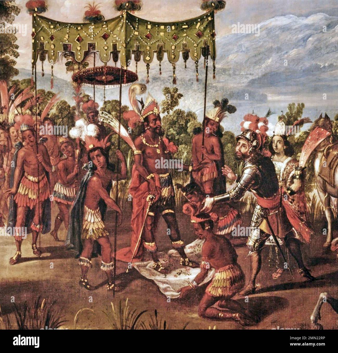 SPANISH CONQUISTADORS A 1th century painting showing the first meeting between Hernan Cortes and the Aztec ruler Moctezuma II on the shore of Lake Texcoco. Moctezuma stands on a cloth to prevent his body making contact with the earth and his entourage turn their heads from him as a sign of respect. Stock Photo