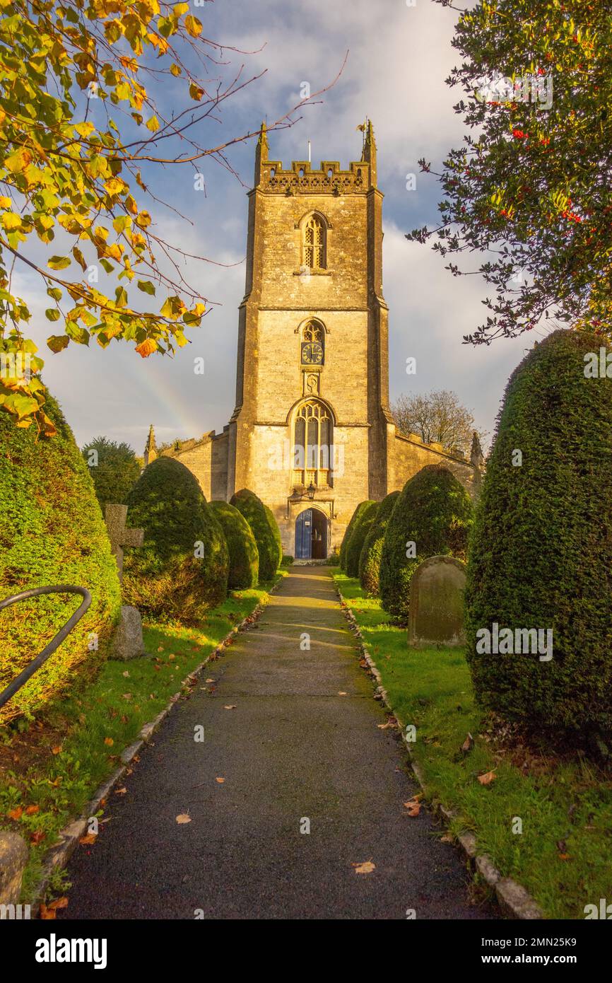 Looking up at the front of All Saints' Church, Nunney Stock Photo