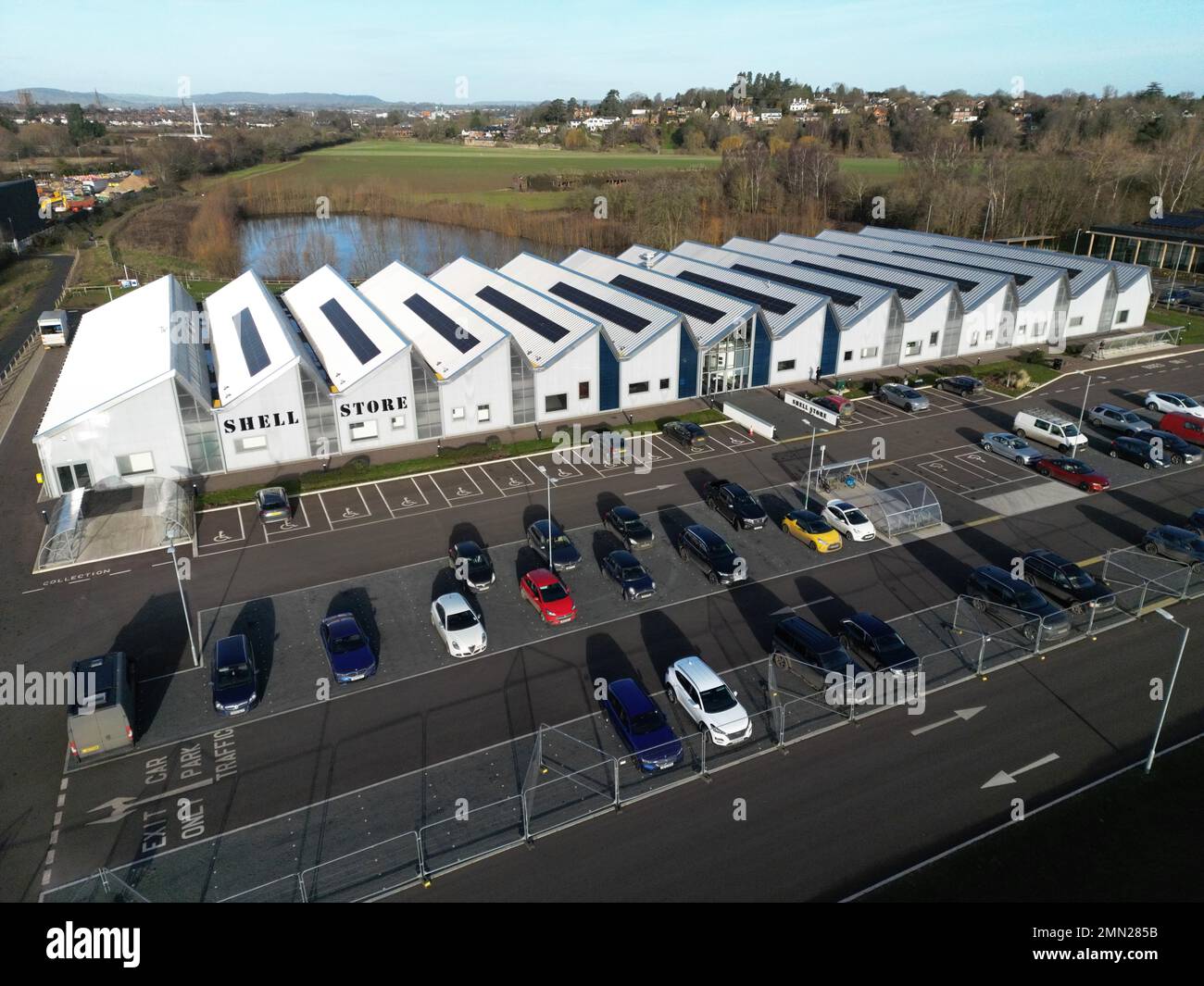 Aerial view of the renovated Shell Store building at Skylon Park business park Hereford taken January 2023 Stock Photo