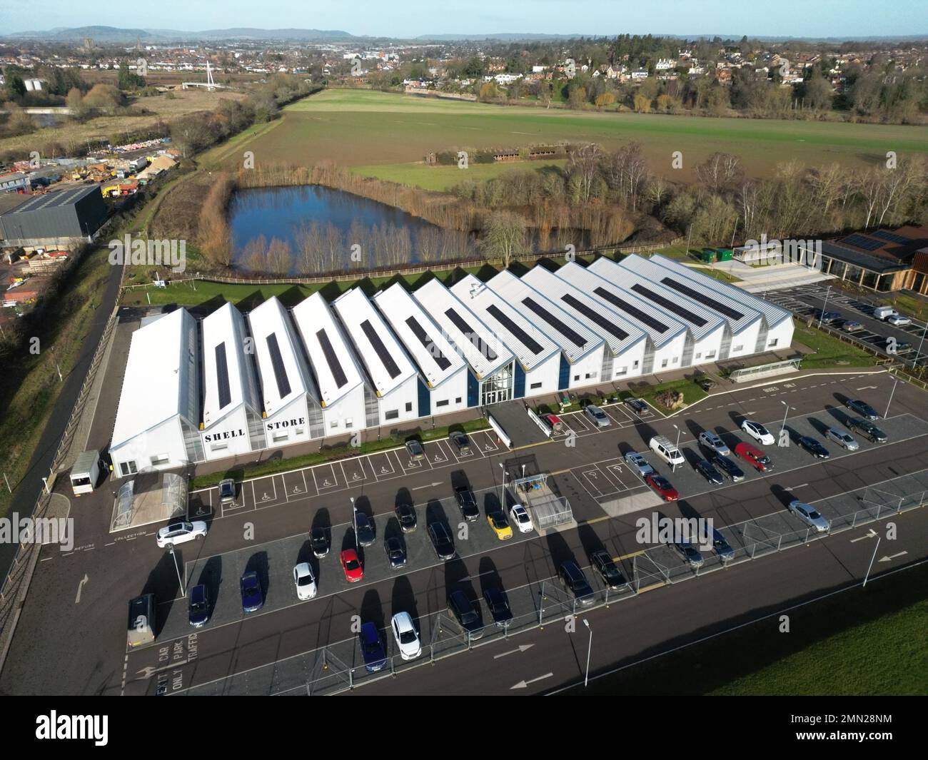 Aerial view of the renovated Shell Store building at Skylon Park business park Hereford taken January 2023 Stock Photo