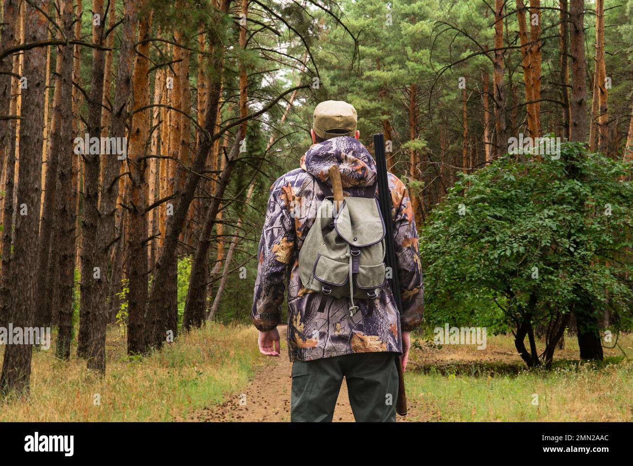 Back view of hunter with a backpack and a gun Stock Photo