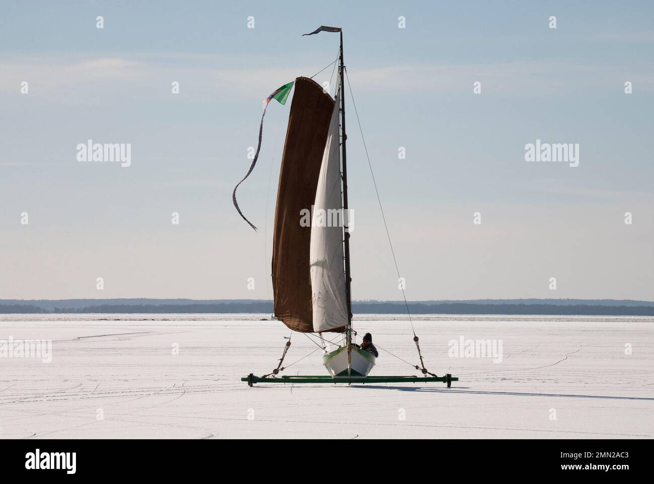 ICE BOAT from Netherland spend winter weeks on the Ice of lakeHjälmaren in Swedish Södermanland Stock Photo
