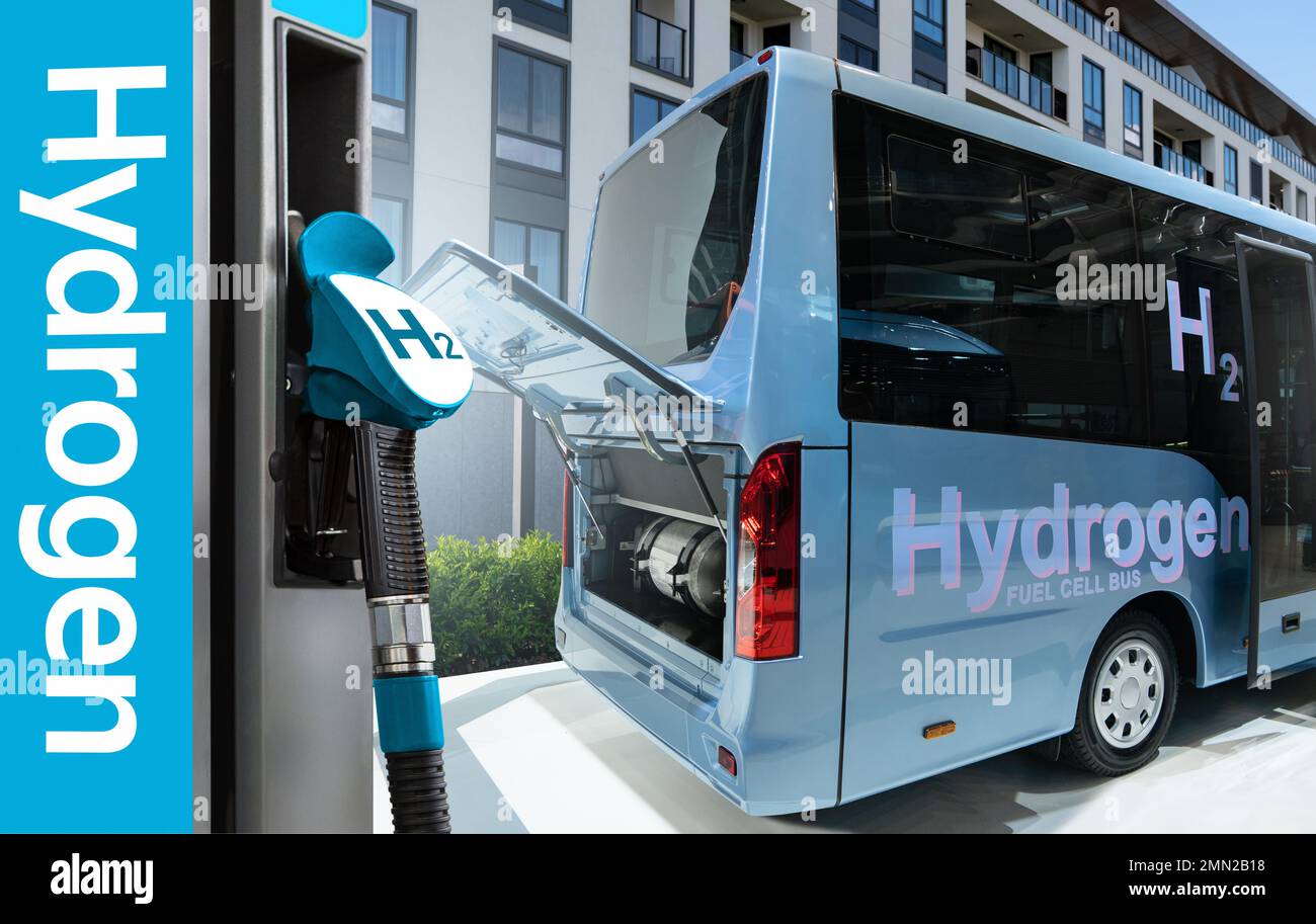 A hydrogen fuel cell bus with an open hood and a hydrogen tank inside