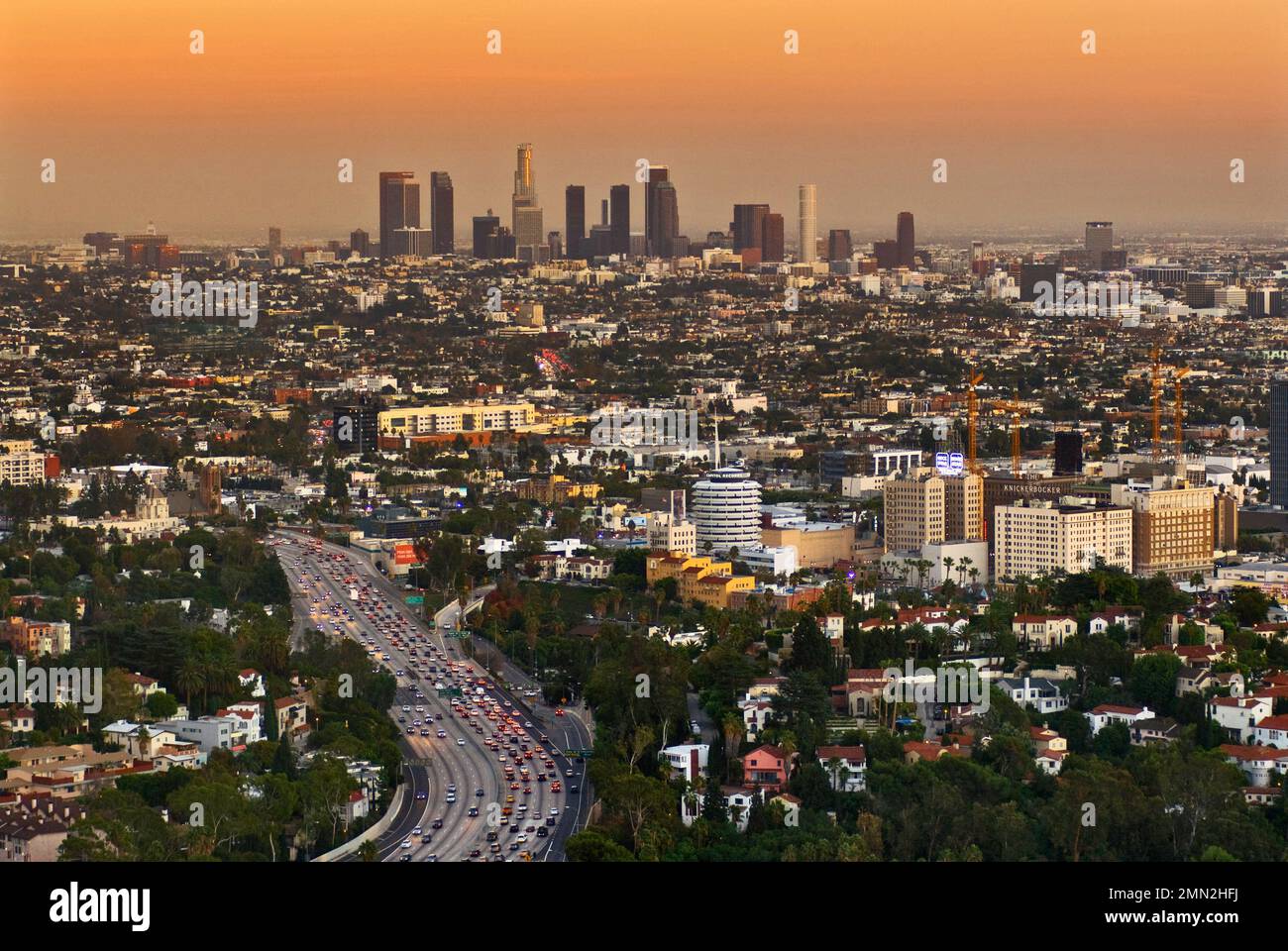 Los Angeles Downtown from Hollywood Bowl Overlook, at dusk, Los Angeles, California, USA Stock Photo