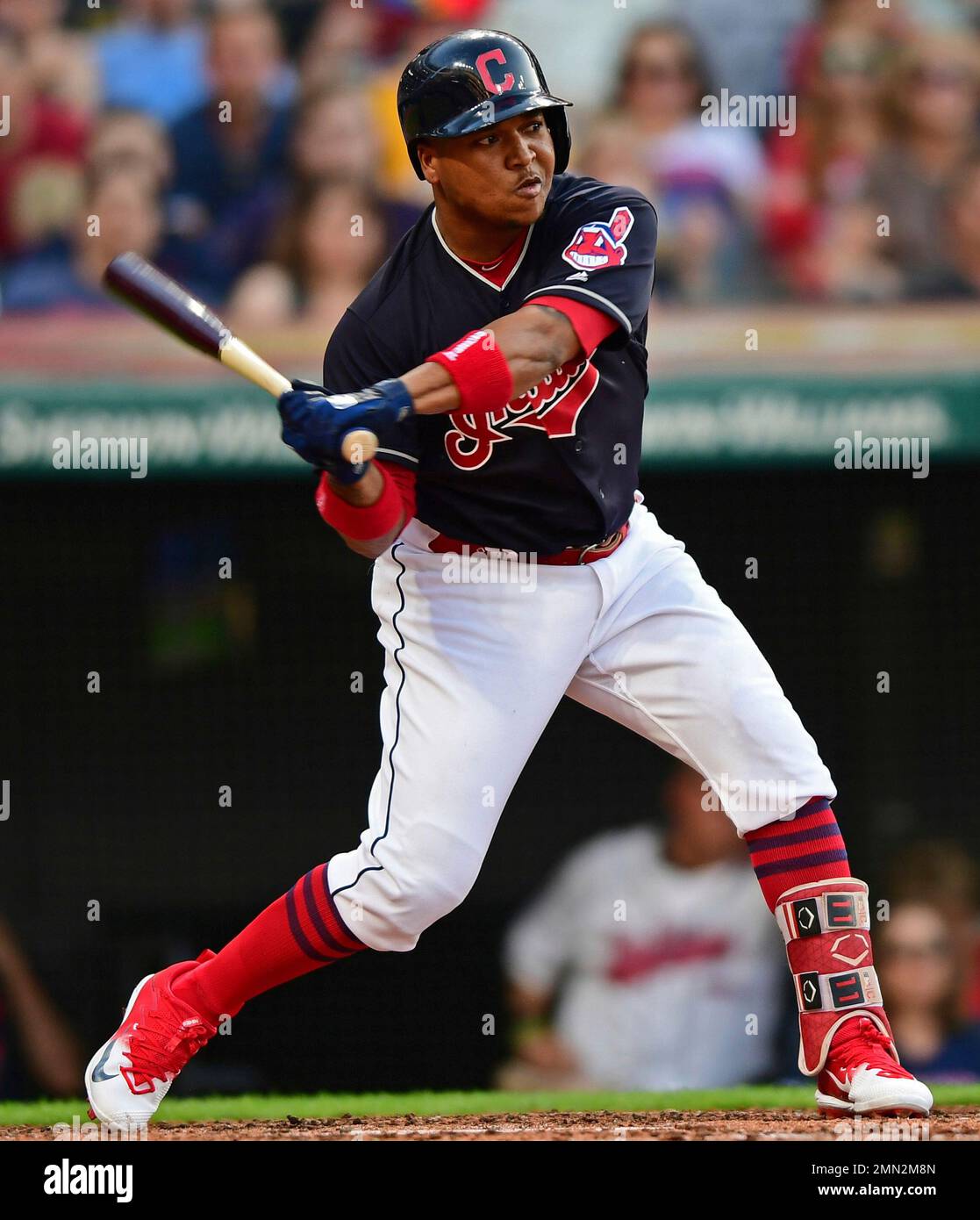 Cleveland Indians' Jose Ramirez swings in the third inning of a ...