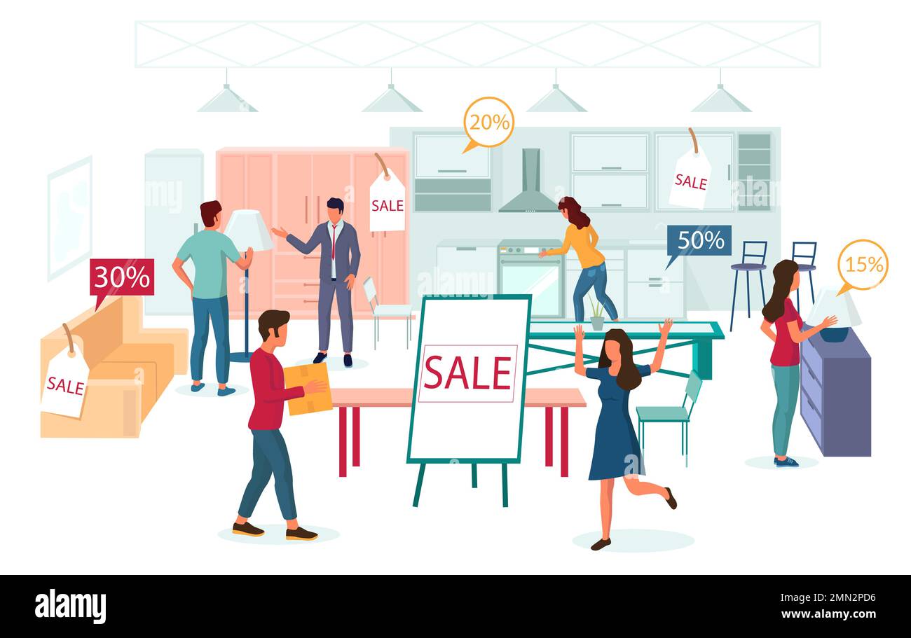 Furniture shop sale promotion, vector flat illustration. People shopping in furniture store. The