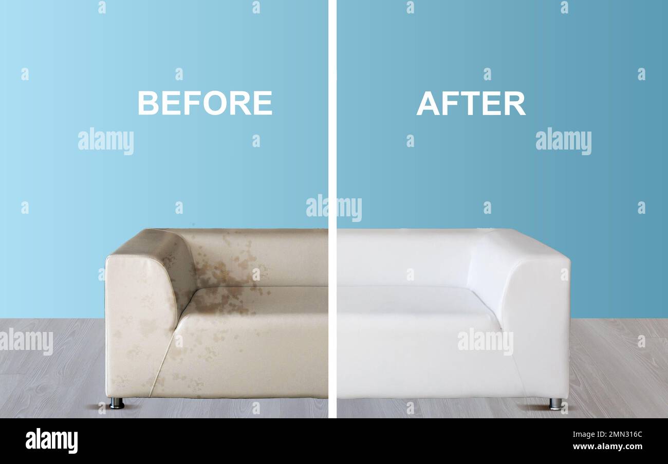 Before and after cleaning sofa. Blue soft sofa dirt. dirty half and clean half. dry cleaning