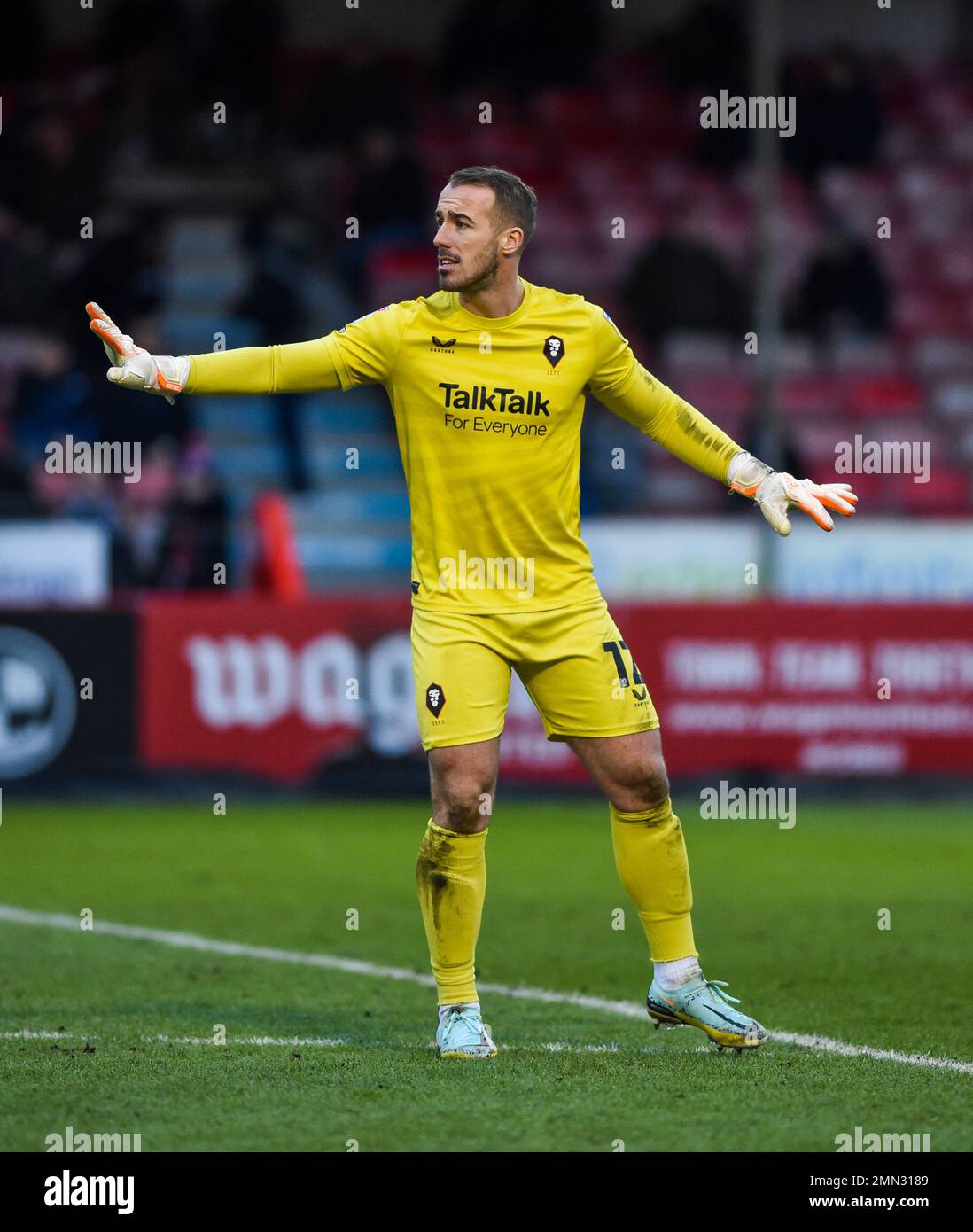 Alex Cairns of Salford during the EFL League Two match between Crawley Town and Salford City at the Broadfield Stadium  , Crawley , UK - 28th January 2023.  Photo Simon Dack/Telephoto Images.  Editorial use only. No merchandising. For Football images FA and Premier League restrictions apply inc. no internet/mobile usage without FAPL license - for details contact Football Dataco Stock Photo