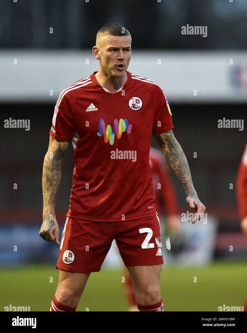 Ben Gladwin of Crawley during the EFL League Two match between Crawley Town and Salford City at the Broadfield Stadium  , Crawley , UK - 28th January 2023  Photo Simon Dack/Telephoto Images. Editorial use only. No merchandising. For Football images FA and Premier League restrictions apply inc. no internet/mobile usage without FAPL license - for details contact Football Dataco Stock Photo