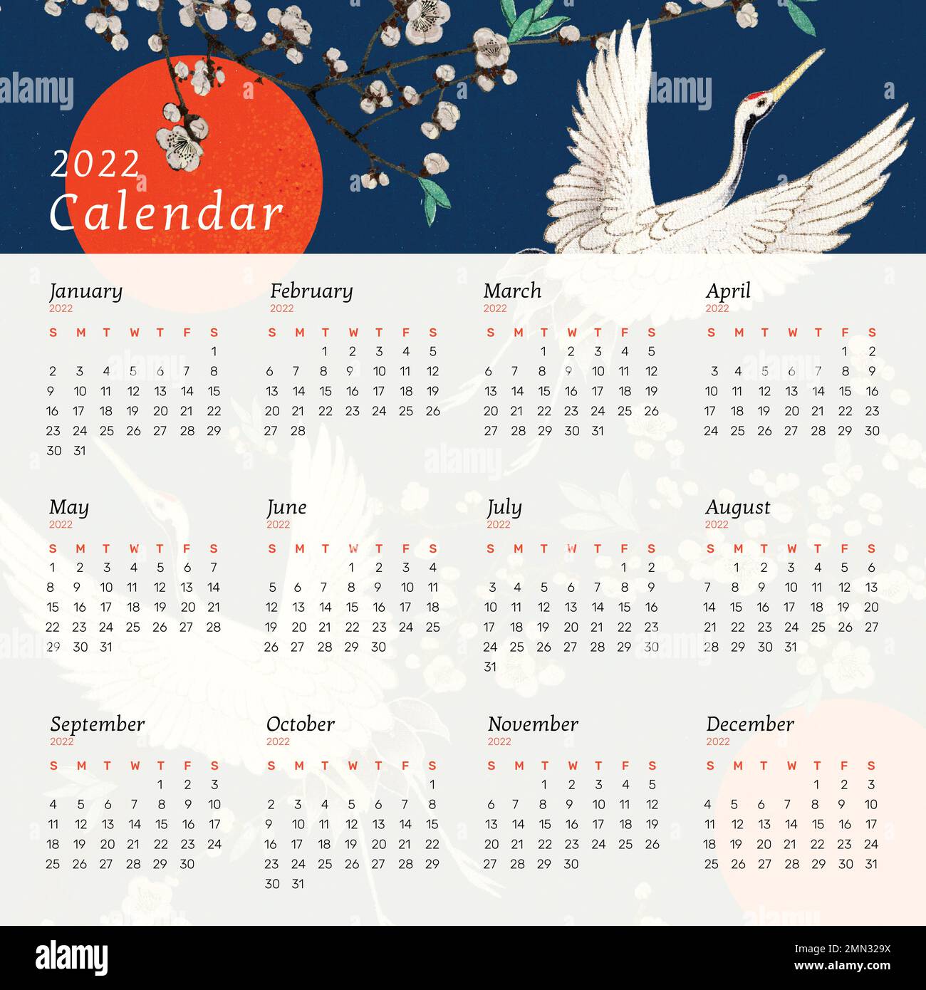 Vintage 2022 monthly calendar template, Japanese pattern vector. Remix from vintage artwork by