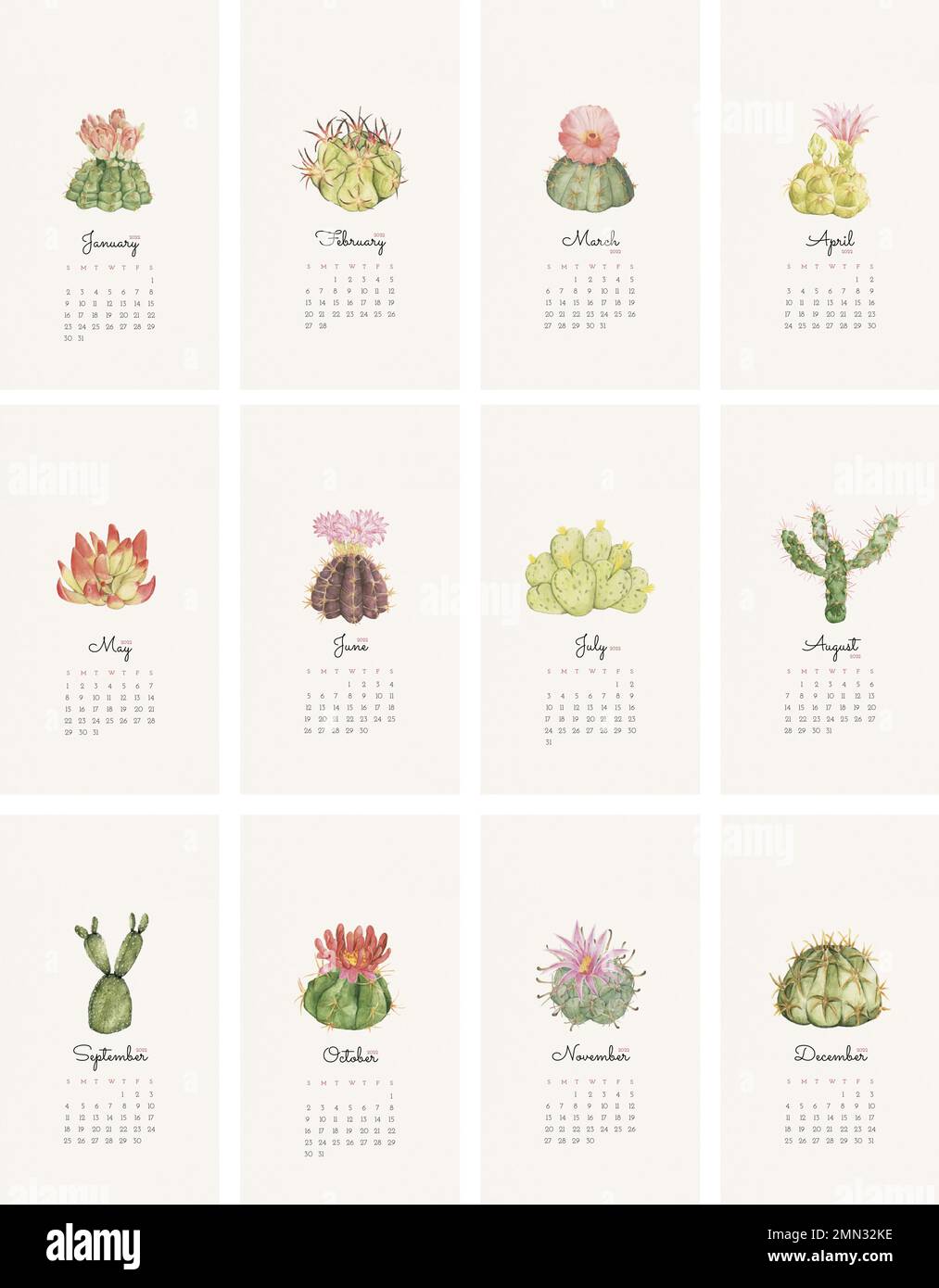 Botanical 2022 monthly calendar template, cactus iPhone wallpaper vector set Stock Vector