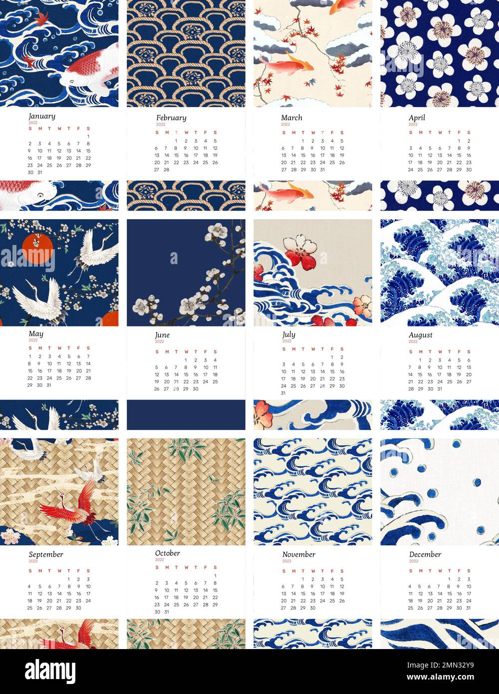 2022 monthly calendar template, vintage Japanese pattern iPhone wallpaper vector set. Remix from