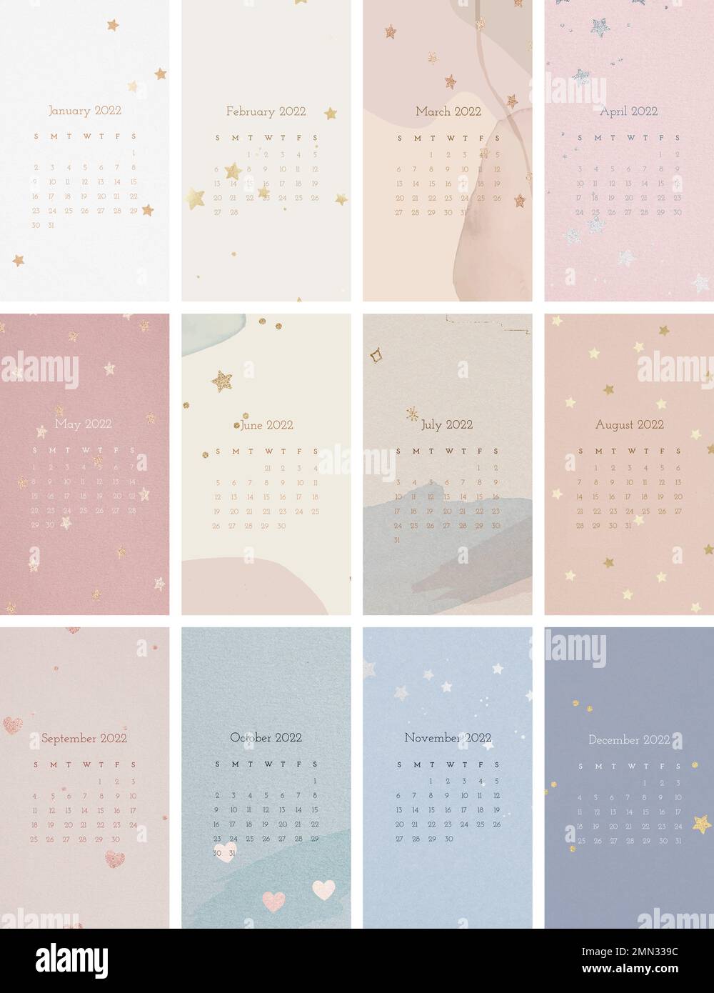 Aesthetic 2022 monthly calendar template, iPhone wallpaper vector set Stock Vector
