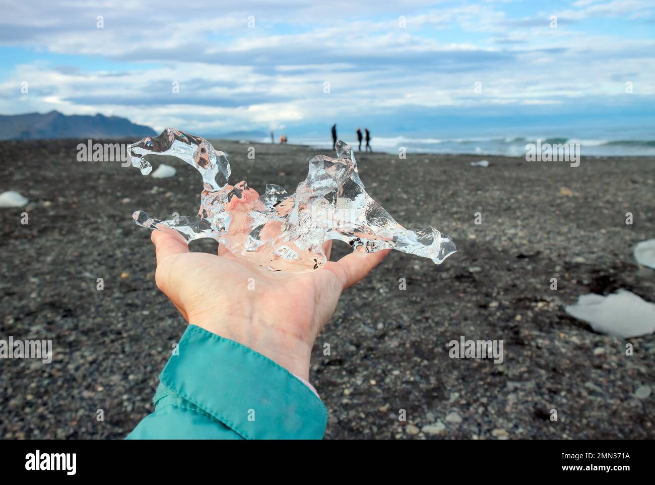 Close up view of woman tourist holding glacier ice on hand in Iceland place called Diamond beach in summer. Stock Photo