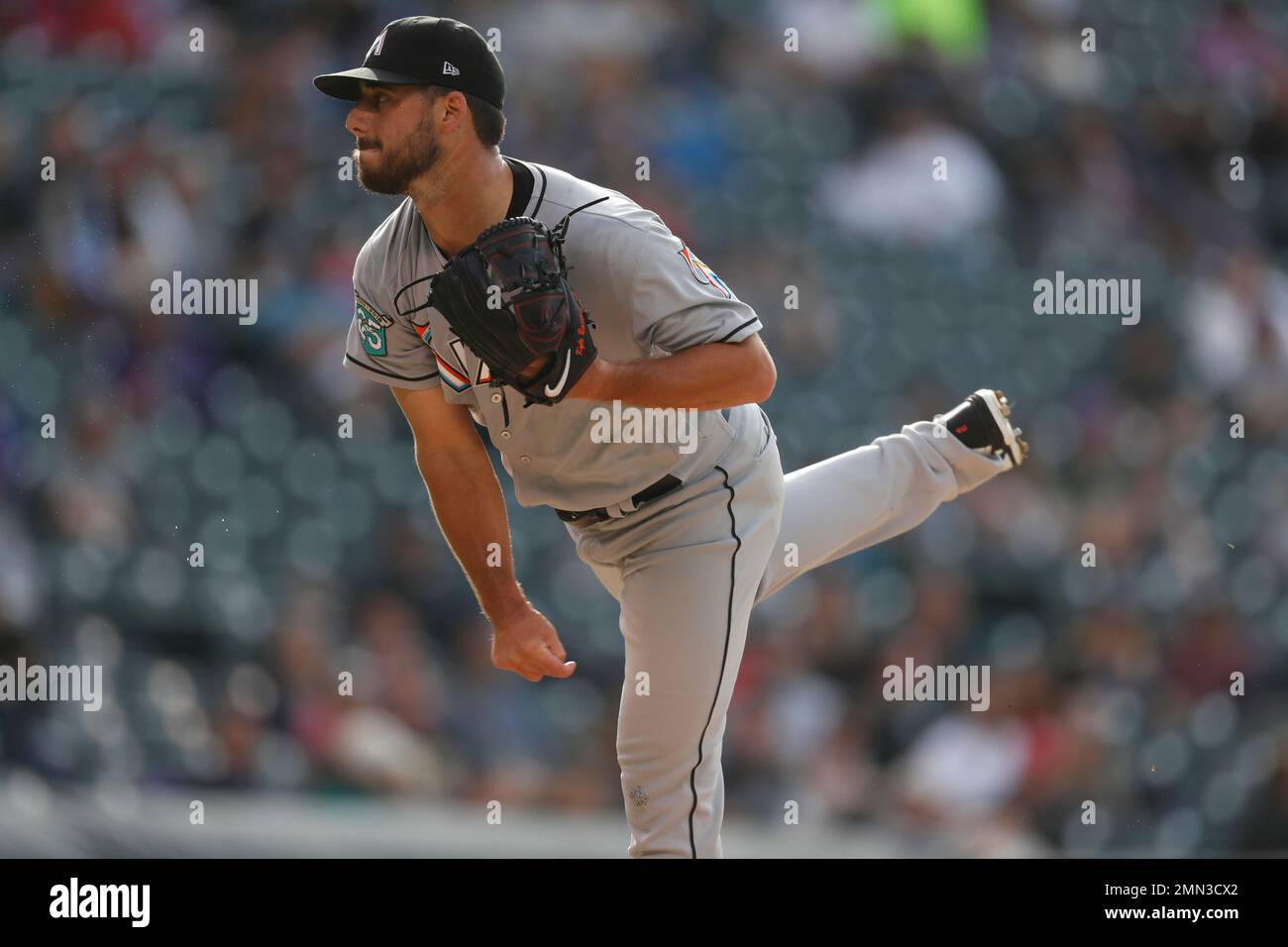 Miami Marlins relief pitcher Kyle Barraclough (46) in the ninth inning of a  baseball game Sunday, June 24, 2018, in Denver. The Marlins won 8-5. (AP  Photo/David Zalubowski Stock Photo - Alamy