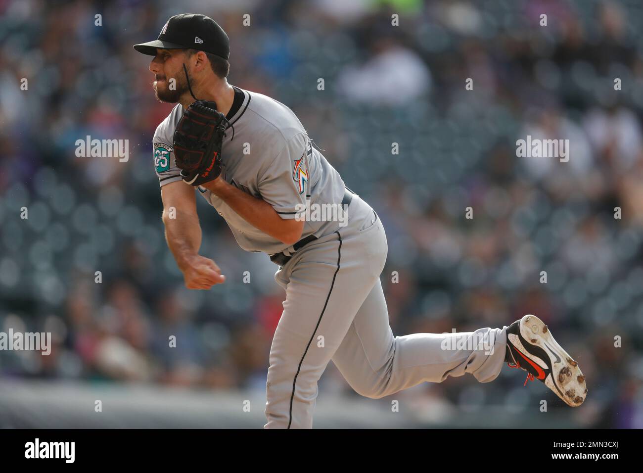 Miami Marlins relief pitcher Kyle Barraclough (46) in the ninth inning of a  baseball game Sunday, June 24, 2018, in Denver. The Marlins won 8-5. (AP  Photo/David Zalubowski Stock Photo - Alamy