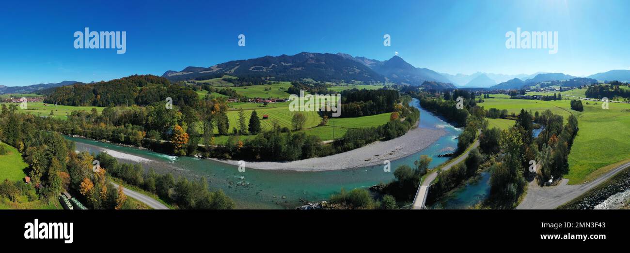 Aerial View Of Fischen In Allgäu With View Of Iller River. Confluence ...