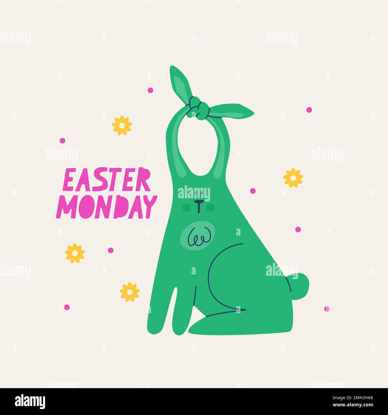 Cute funny green easter bunny with tied ears. Easter Monday postcard. Vector multicolored trendy illustration. Stock Vector