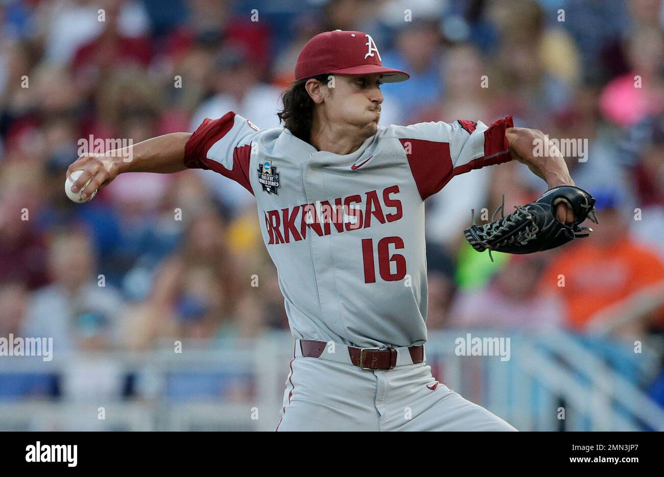 Arkansas pitcher Blaine Knight (16) throws against Oregon State during