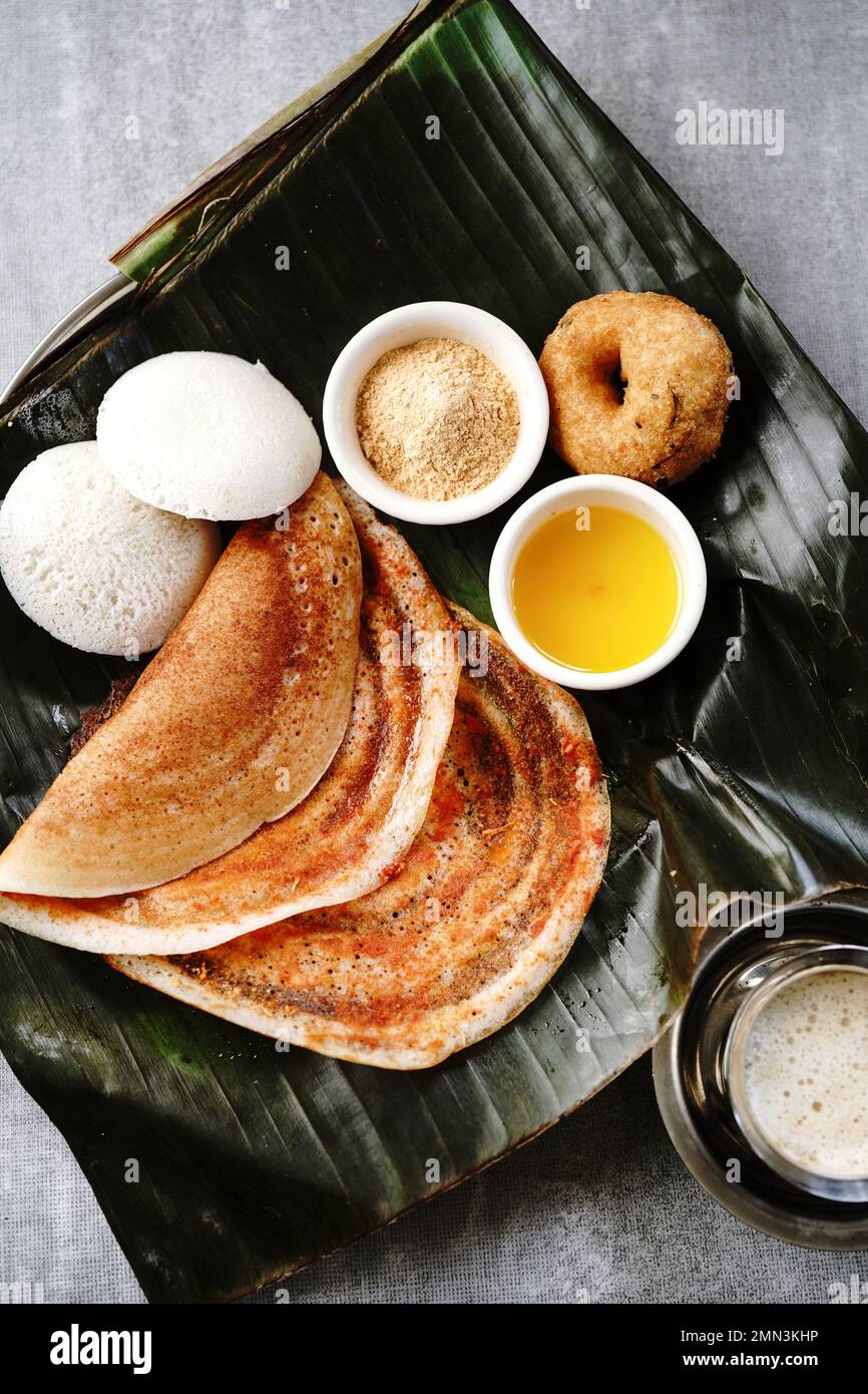 South Indian vegetarian breakfast idli karam podi dosa sambar chutney powder ghee and filter