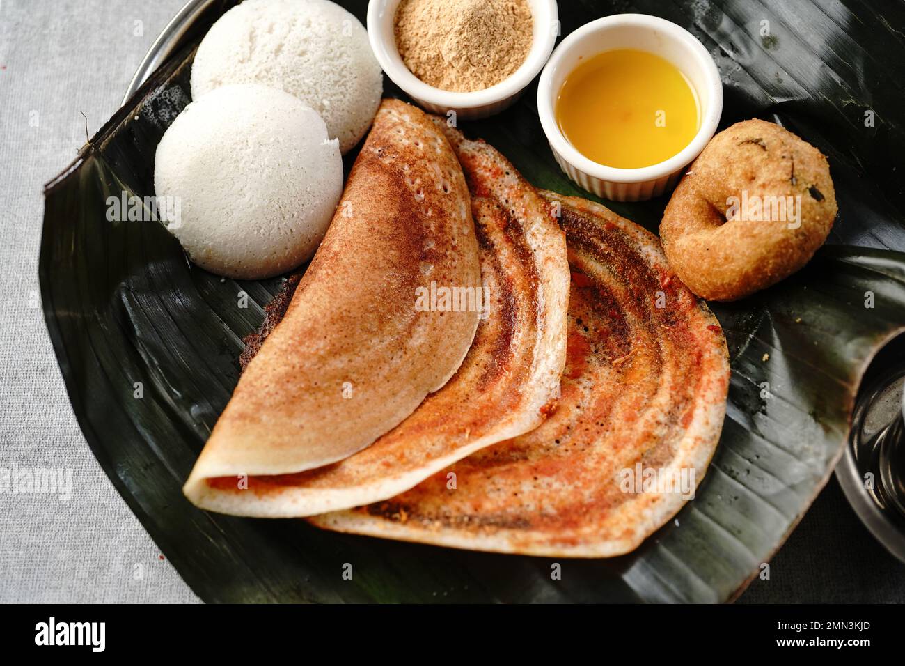 South Indian vegetarian breakfast idli karam podi dosa sambar chutney powder ghee and filter