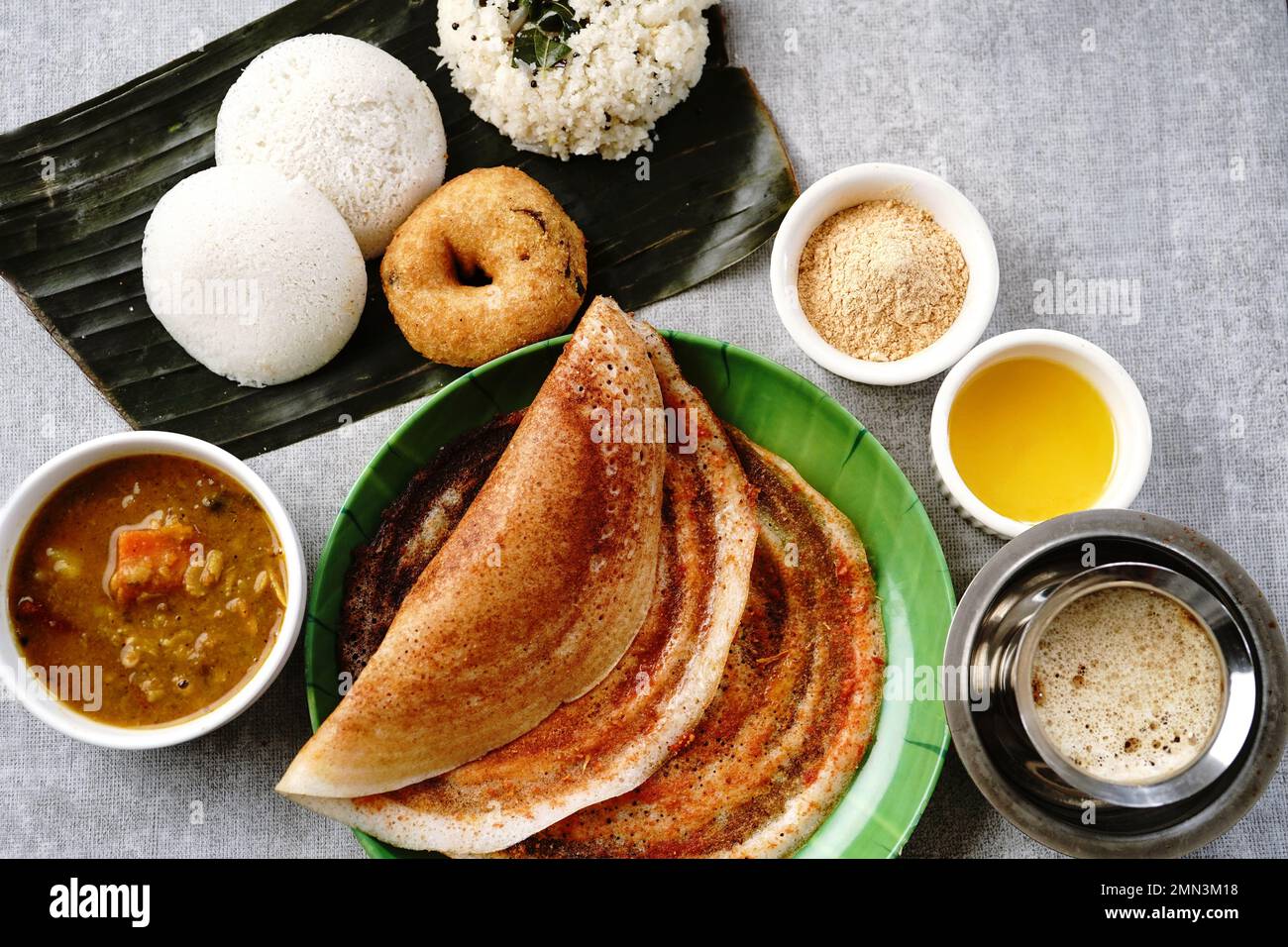 South Indian vegetarian breakfast idli karam podi dosa sambar chutney