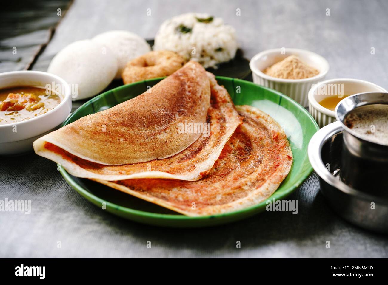 South Indian vegetarian breakfast idli karam podi dosa sambar chutney powder ghee and filter