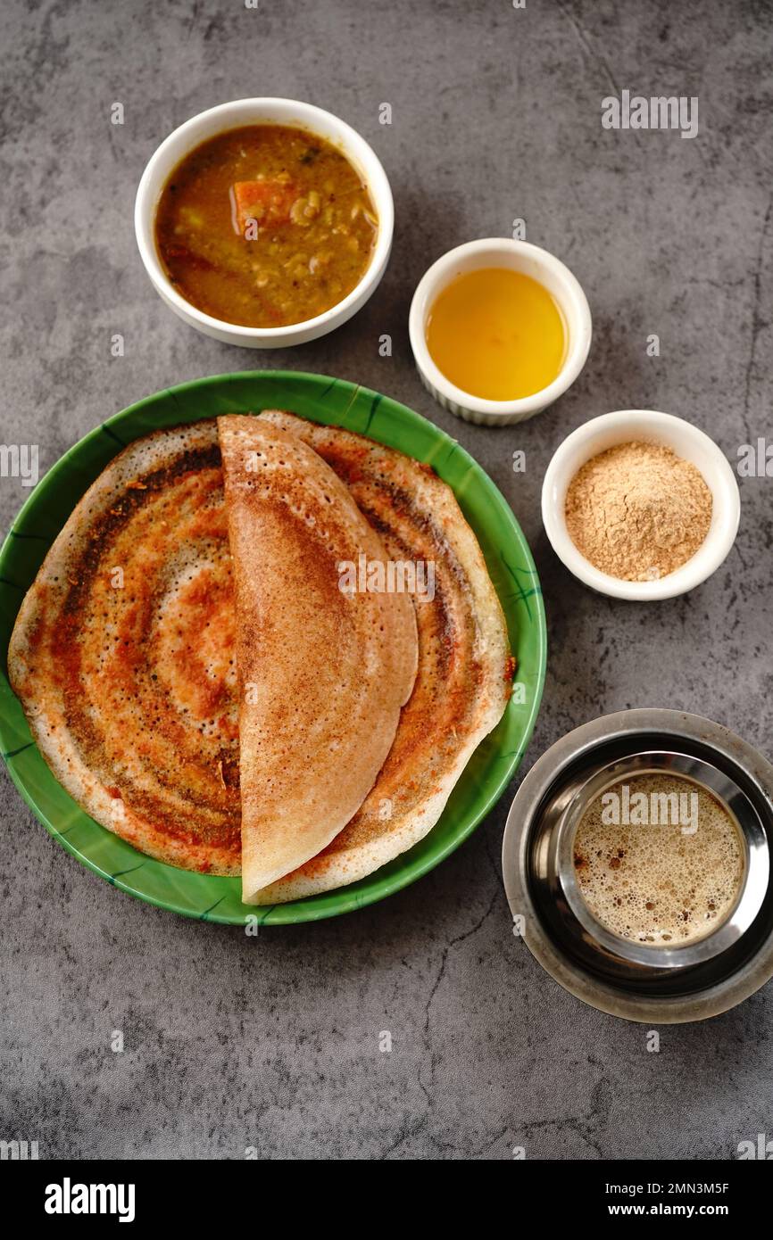 South Indian vegetarian breakfast idli karam podi dosa sambar chutney