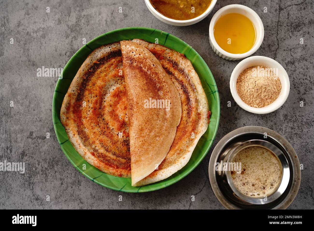 South Indian vegetarian breakfast idli karam podi dosa sambar chutney powder ghee and filter