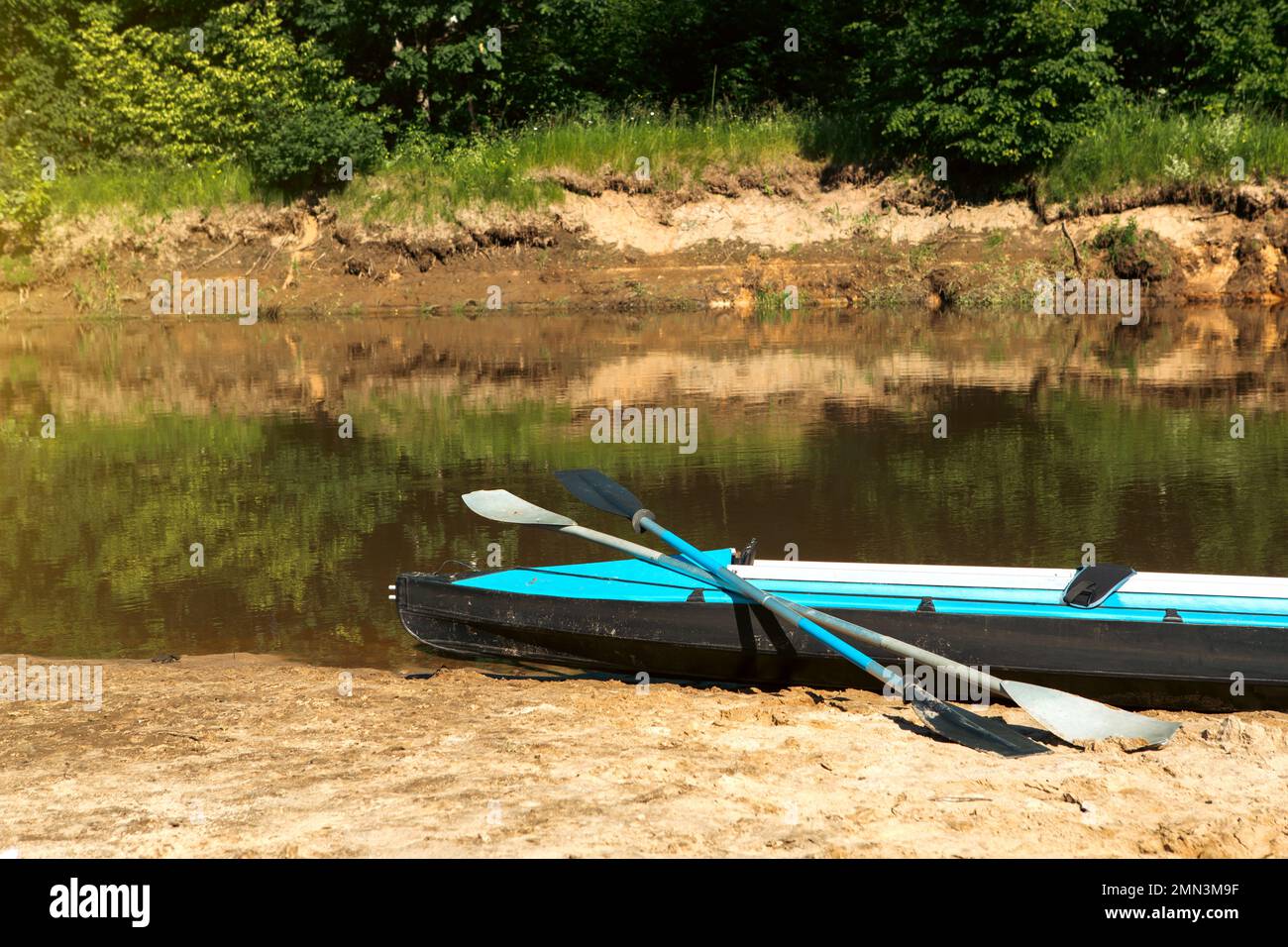 Tourist canoes with paddles stand on the river coast in summer on a
