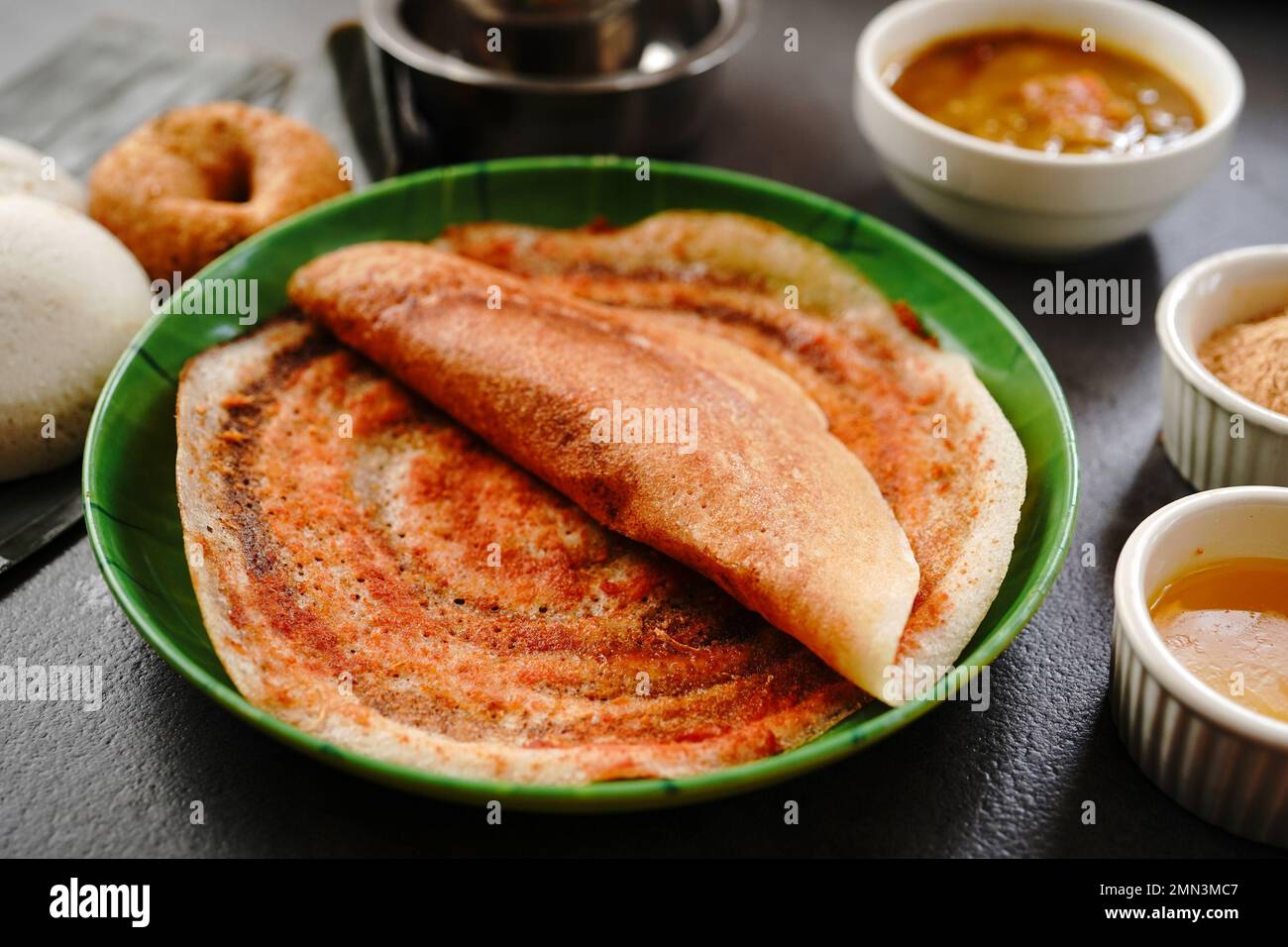 South Indian vegetarian breakfast idli karam podi dosa sambar chutney