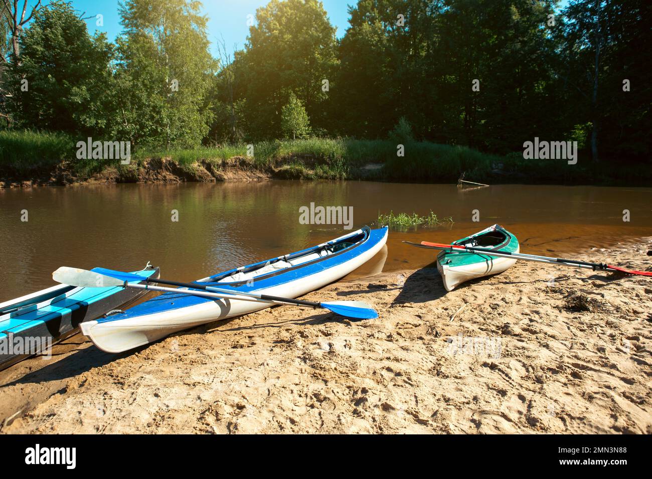 Tourist canoes with paddles stand on the river coast in summer on a