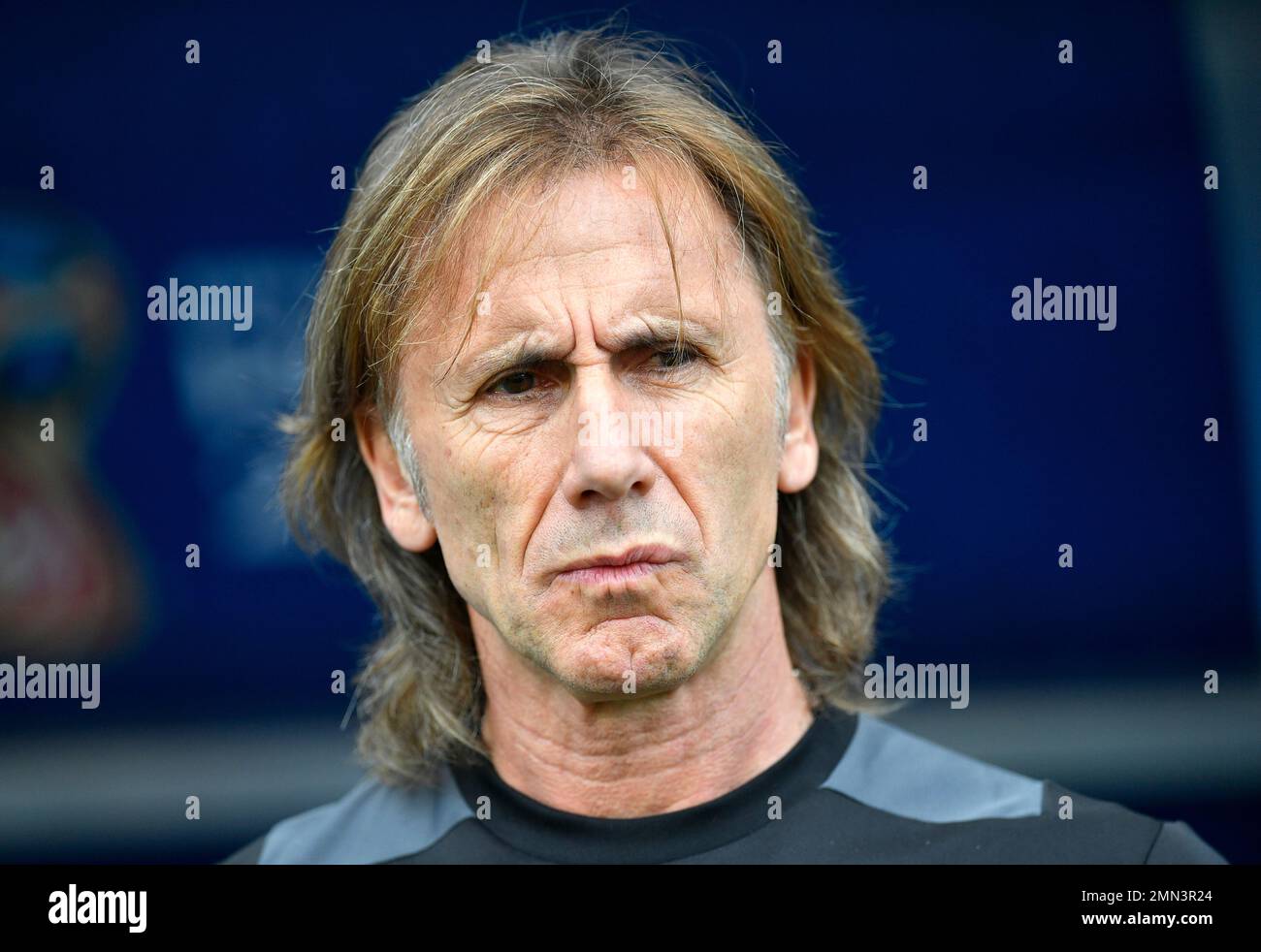Peru head coach Ricardo Gareca waits for the beginning of the group C match  between Australia and Peru, at the 2018 soccer World Cup in the Fisht  Stadium in Sochi, Russia, Tuesday,