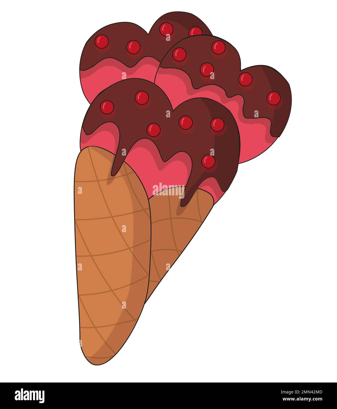 Ice cream in a waffle cone. Heartshaped ice cream balls with chocolate