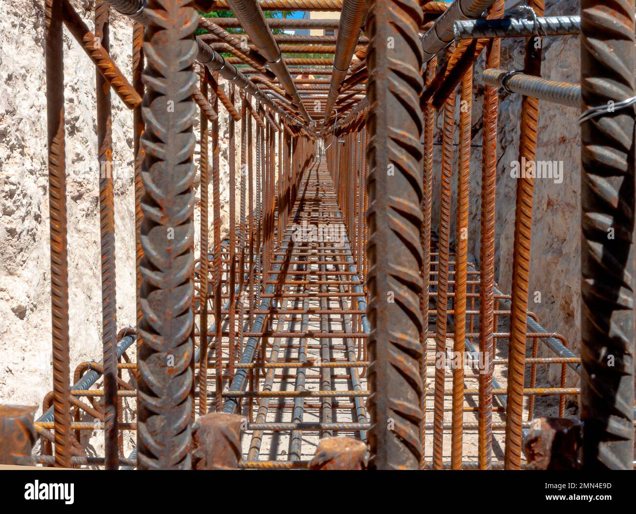 Reinforcement steel rod. Rusty rebar for concrete pouring. Steel