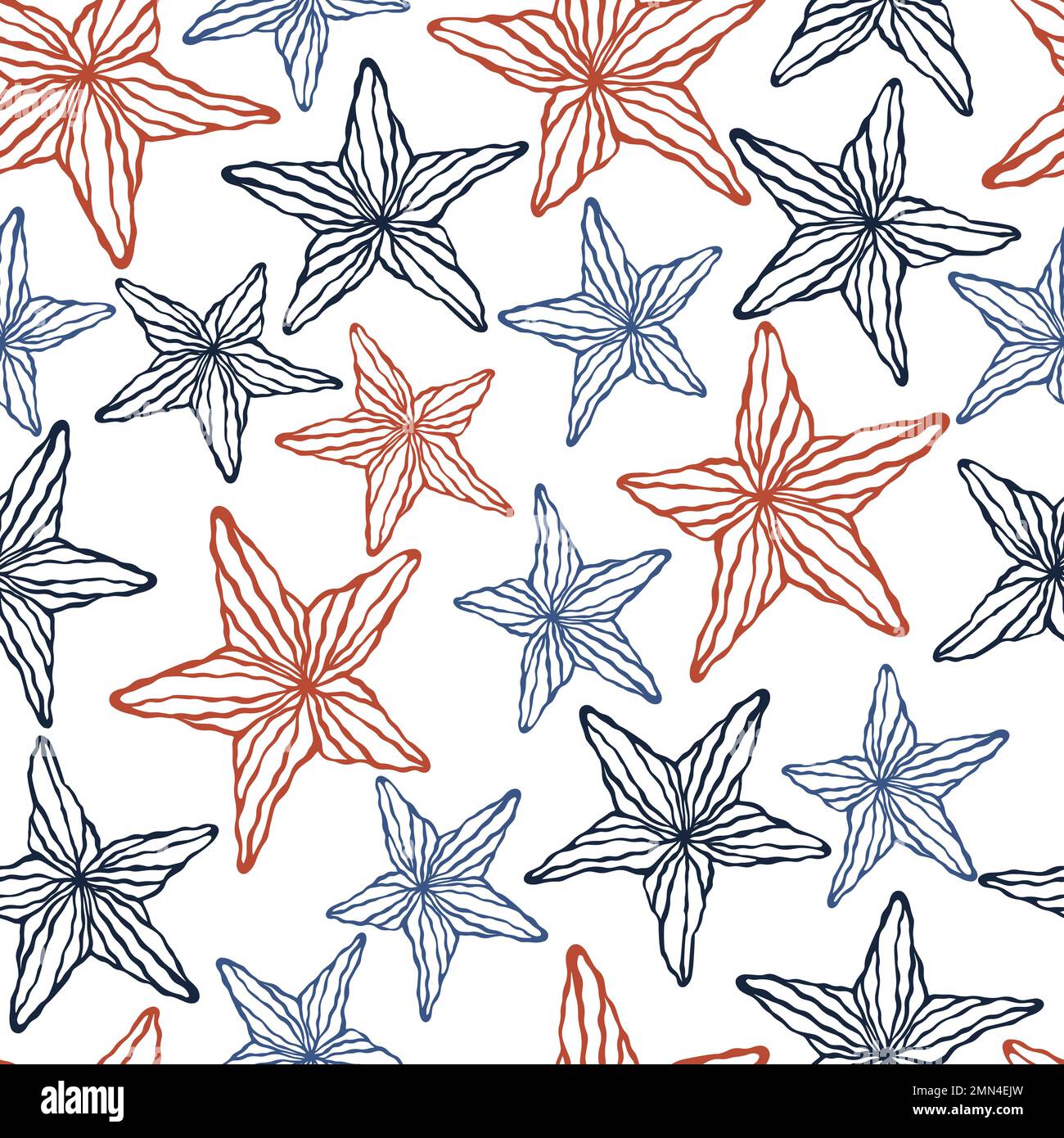 Starfishes silhouettes, seamless beautiful doodle pattern Stock Vector