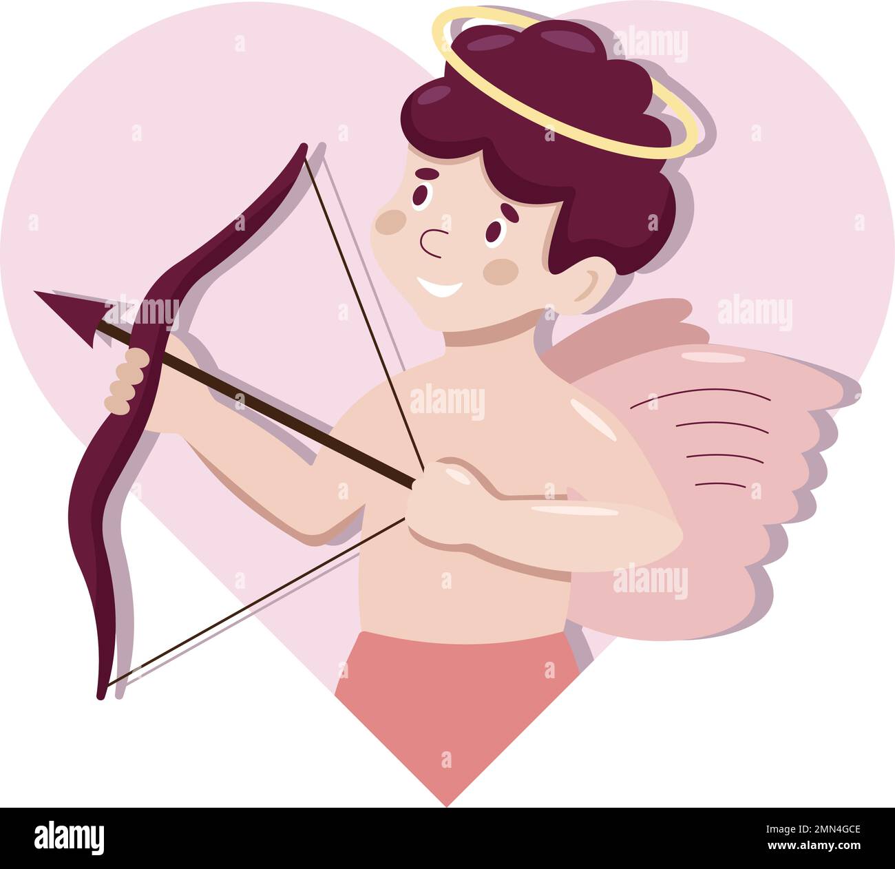 Cute cartoon vector Cupid. Angel character. Valentine Day concept. Little boy with wings shoots at the heart from the bow. Stock Vector