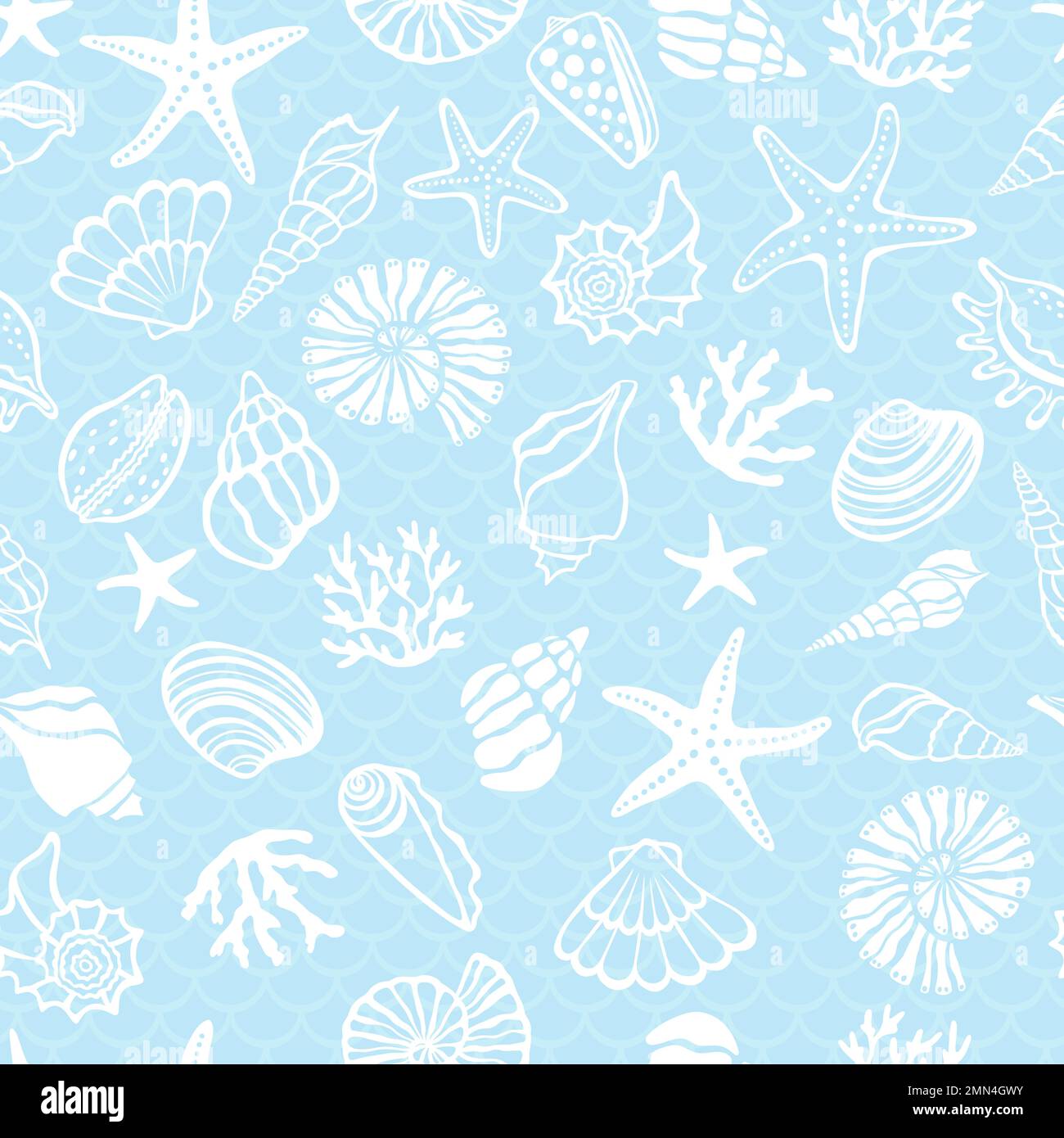 Seashells, corals and starfish seamless pattern. Stock Vector