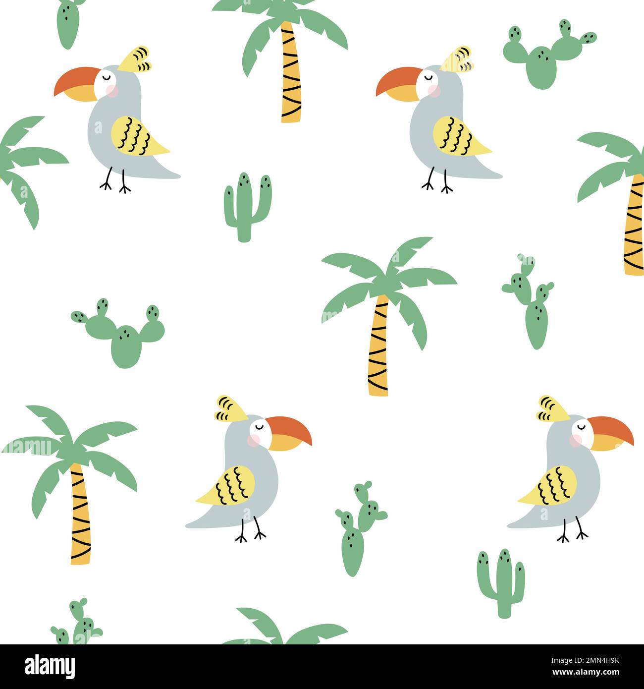 Baby seamless vector pattern. Cute bird with palms and cacti. Creative kids texture for fabric, textile, wallpaper, apparel. Stock Vector