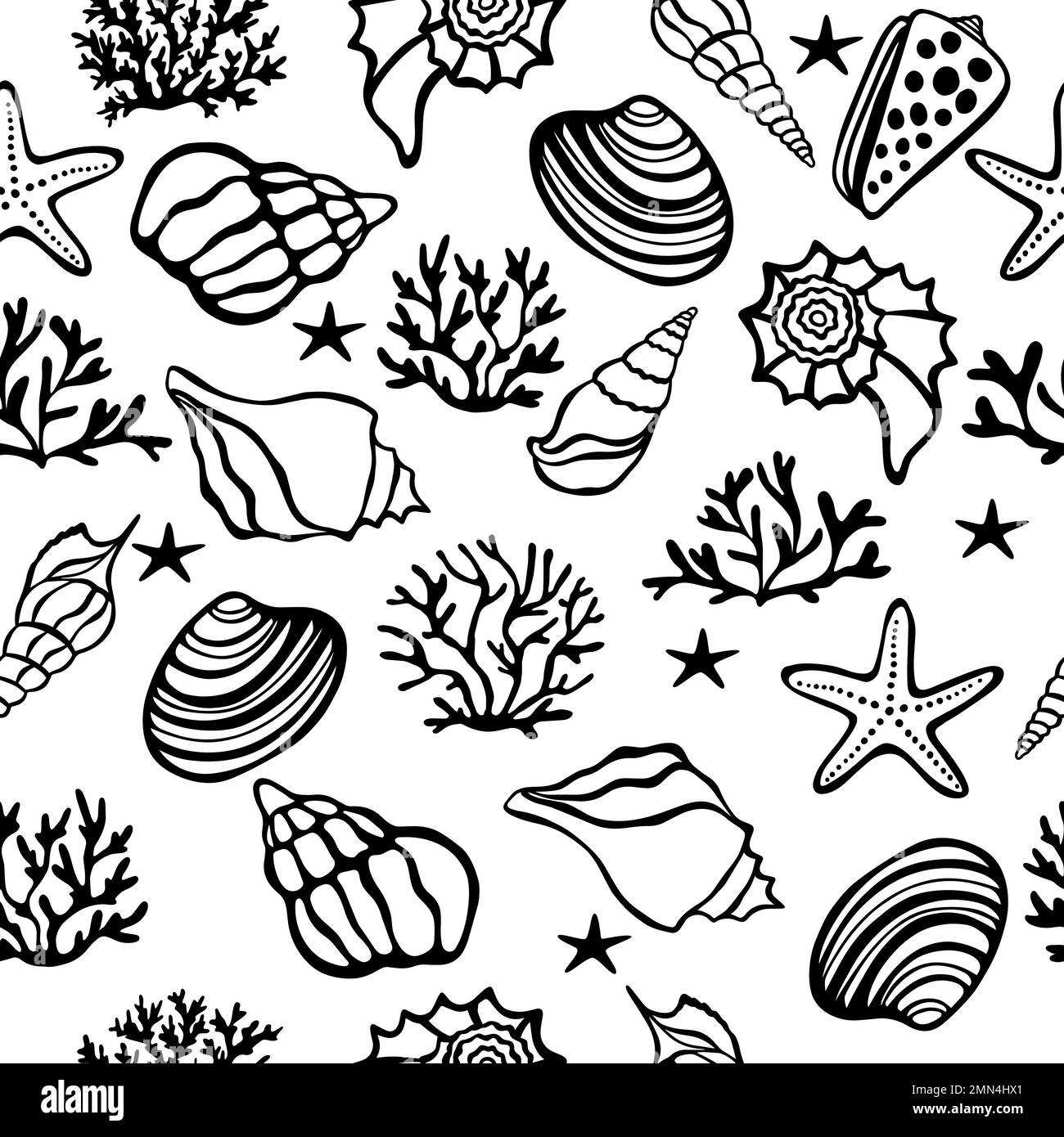 Seamless marine pattern. Summer print with seashells algae and starfish Stock Vector