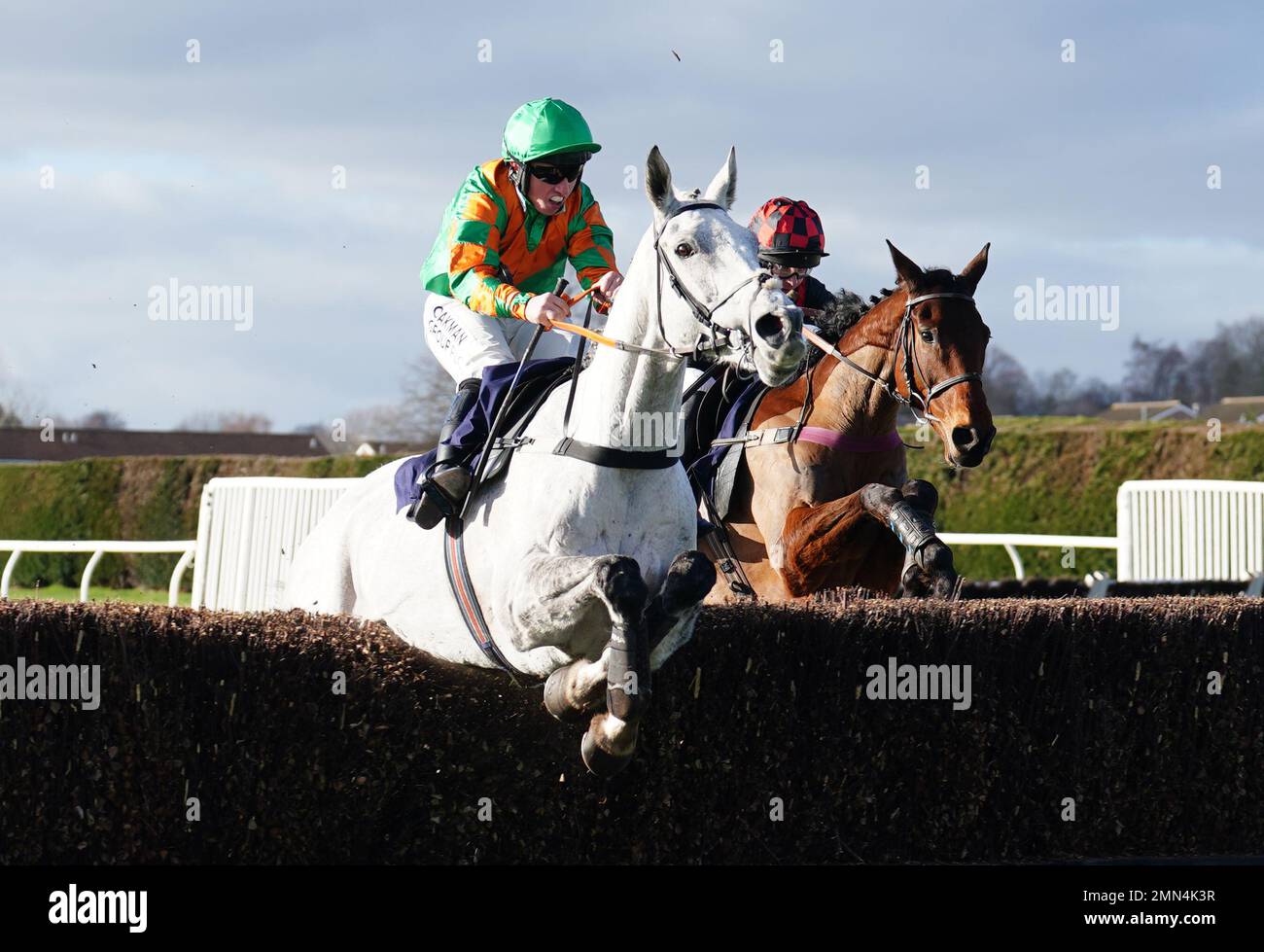 Galop De Chasse and Charlie Deutsch (right) behind Rose Sea Has and Charlie Hammond before going on to win the Sky Sports Racing Sky 415 Handicap Chase at Hereford Racecourse. Picture date: Monday January 30, 2023. Stock Photo