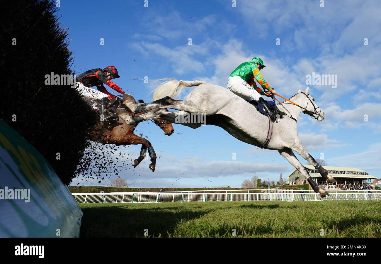 Galop De Chasse and Charlie Deutsch (left) behind Rose Sea Has and Charlie Hammond before going on to win the Sky Sports Racing Sky 415 Handicap Chase at Hereford Racecourse. Picture date: Monday January 30, 2023. Stock Photo