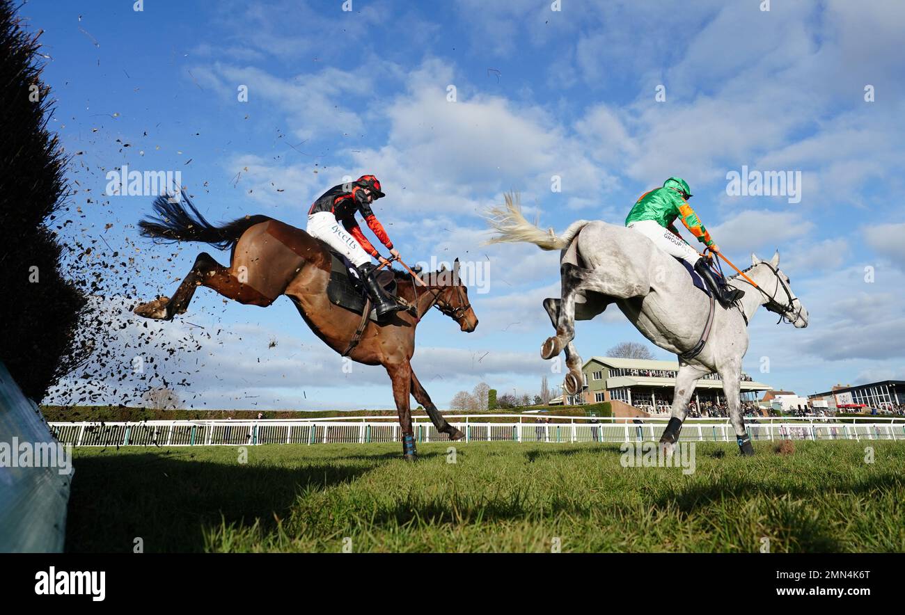 Galop De Chasse and Charlie Deutsch (left) behind Rose Sea Has and Charlie Hammond before going on to win the Sky Sports Racing Sky 415 Handicap Chase at Hereford Racecourse. Picture date: Monday January 30, 2023. Stock Photo