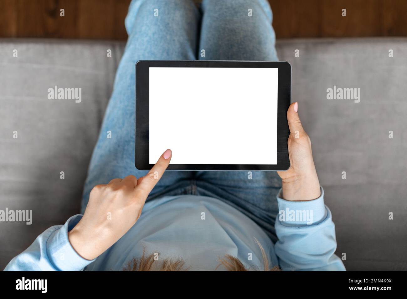 Unrecognizable Woman Using Blank Digital Tablet With White Screen At ...