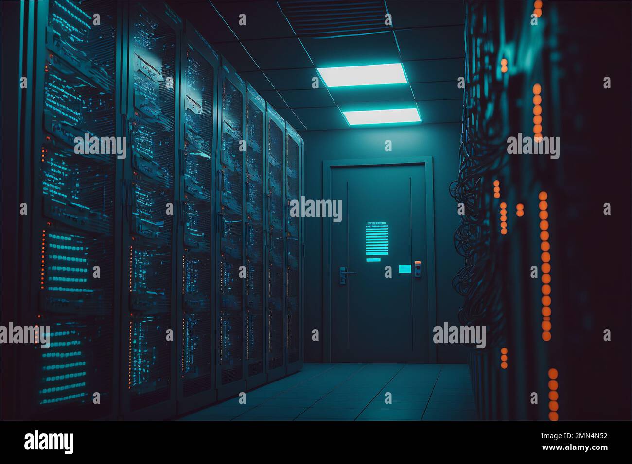 Server rack room with big data cyber network. Green light corridor interior modern communication